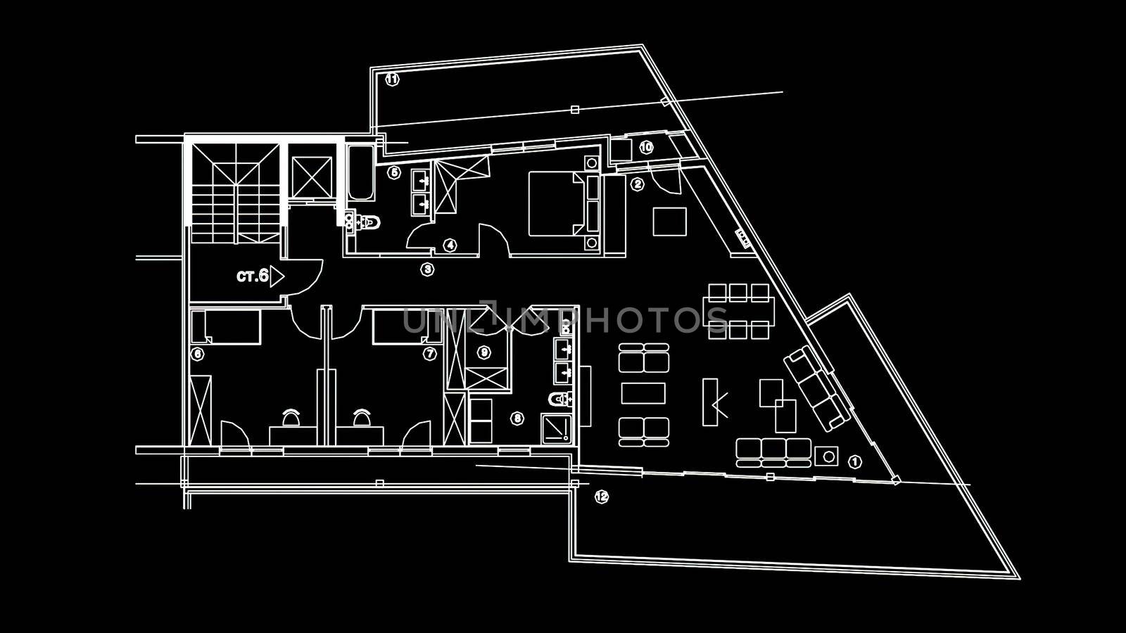 3d illustration - blueprint house plan and wire frame model of building on black background
