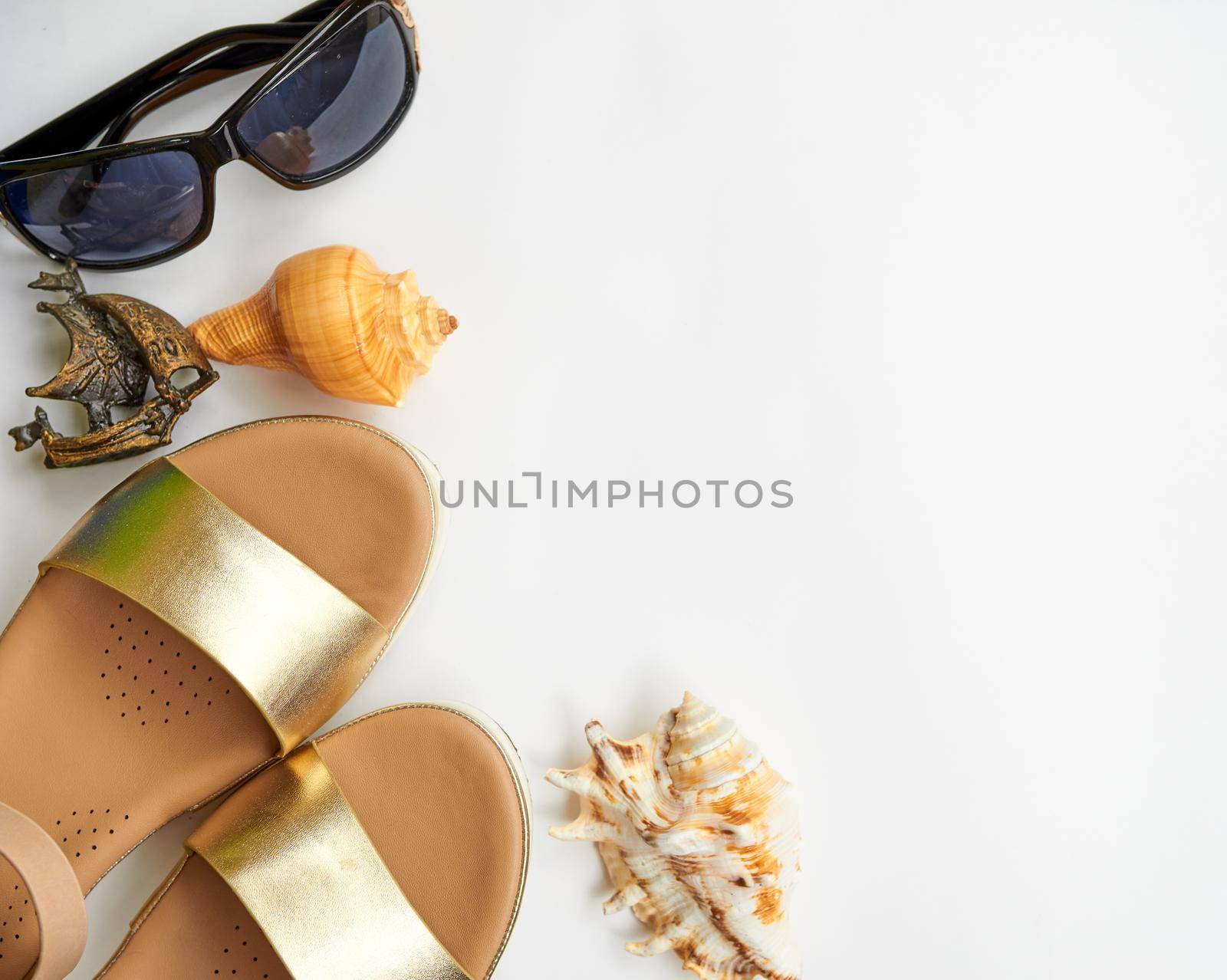Beach concept: gilded women sandals, seashells (Lambis truncata), sunglasses. Copy space