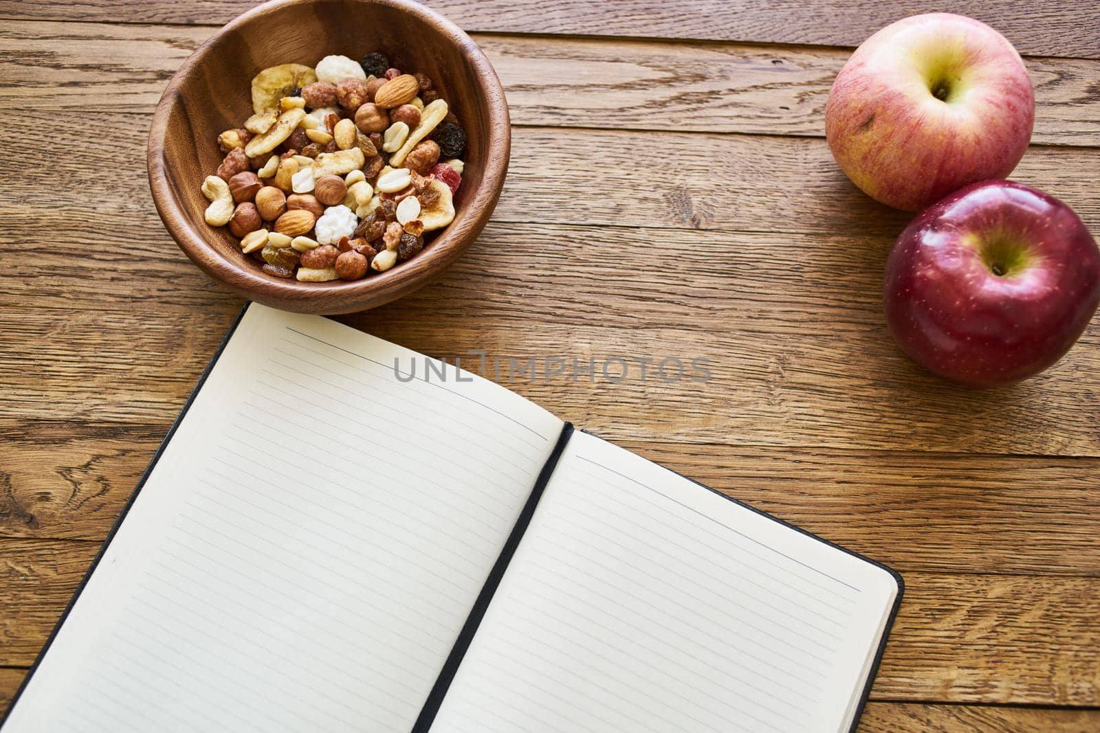 dry breakfast cereals notepad diet wooden background by Vichizh