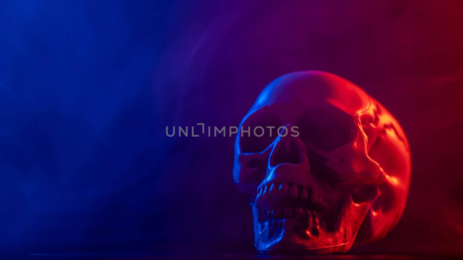 Human skull in pink and blue smoke on a black background. Halloween