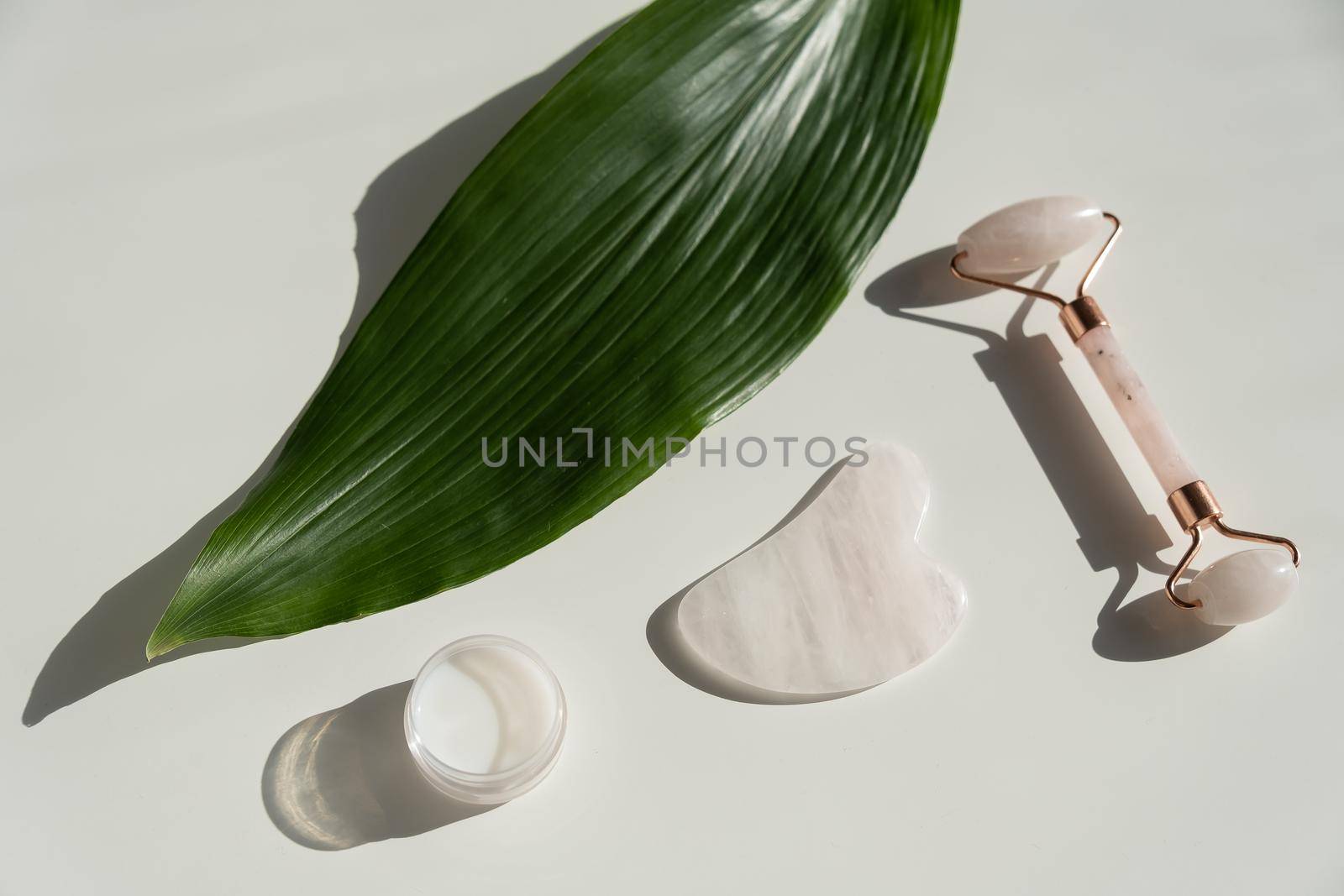 Pink gouache scraper, roller, jar of green leaf cream on a white table. Equipment for self-massage and skin care for the face and neck.