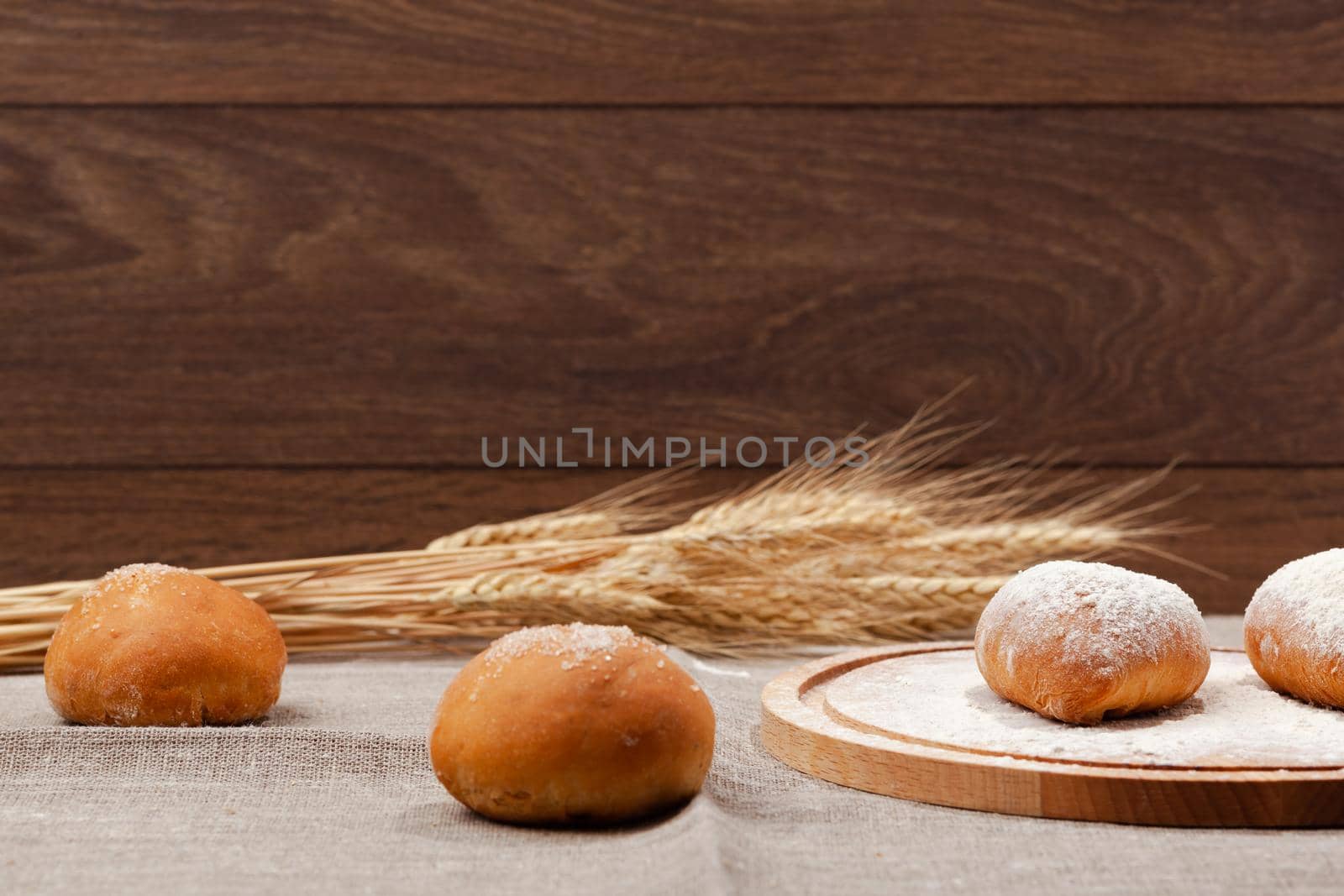 postcard or banner with homemade baking pies, place under the text, on a dark wooden background, copy space