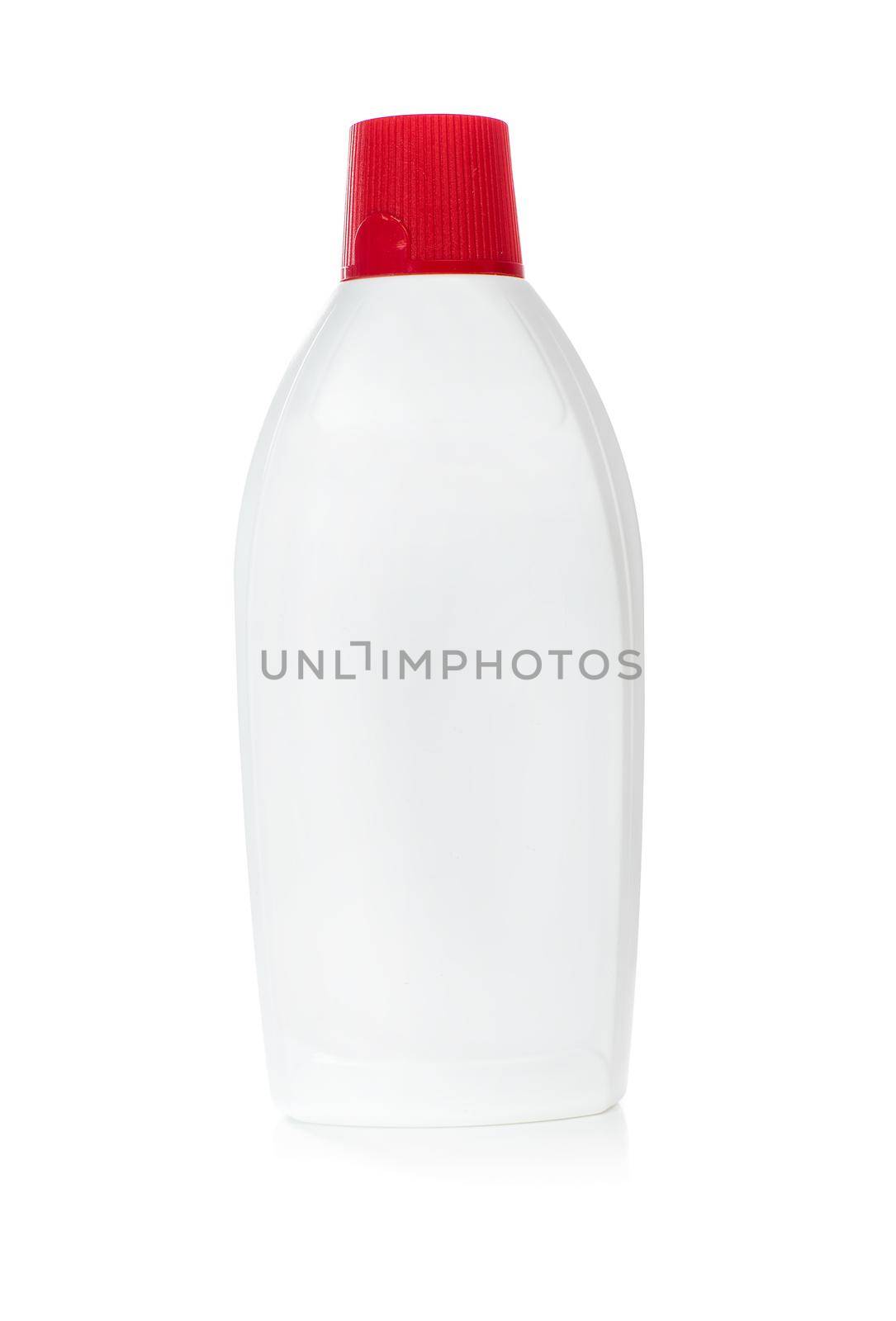 White bottle from household chemicals with red cap isolated on white background