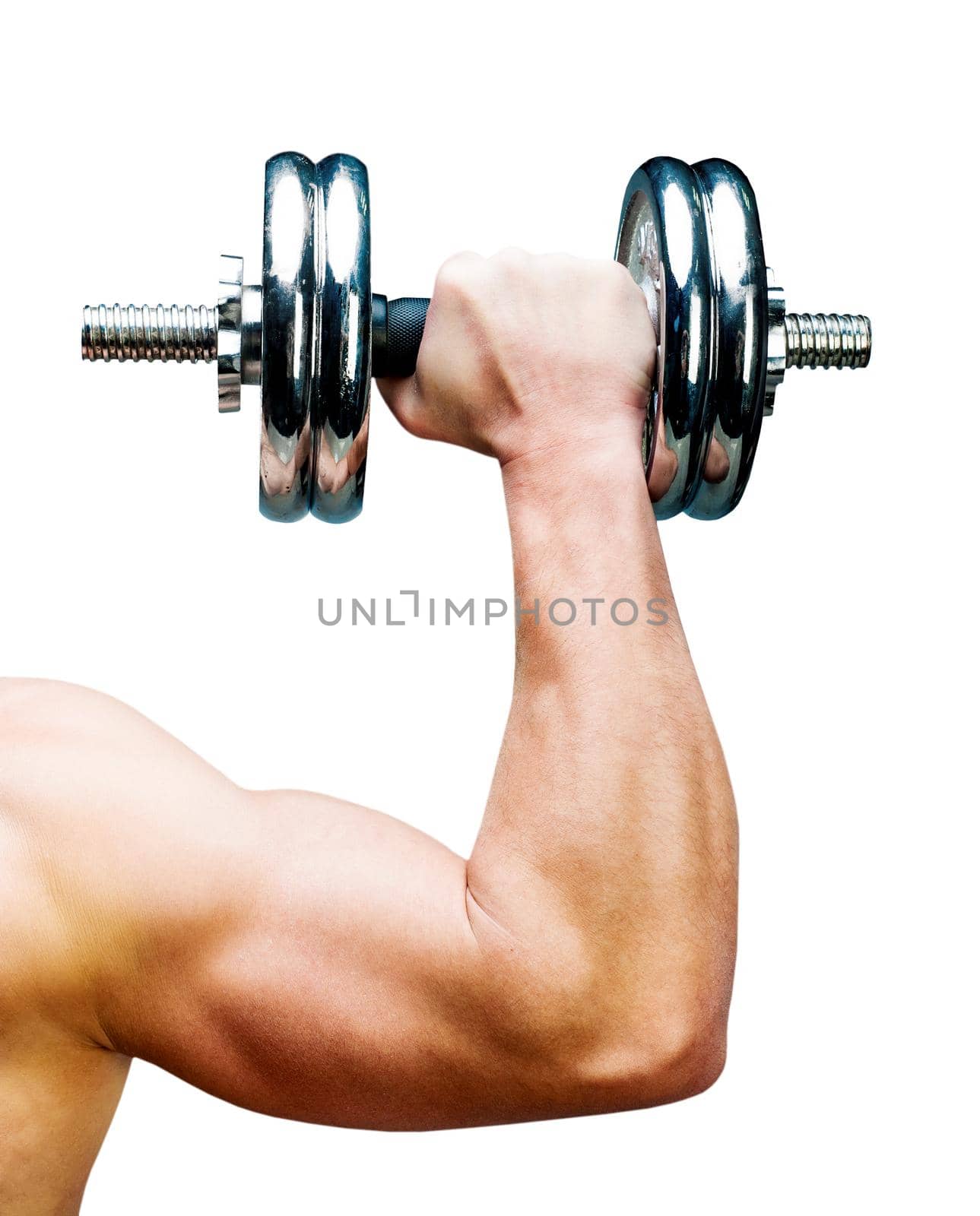 Arm attractive athletic man with dumbbells isolated on a white background