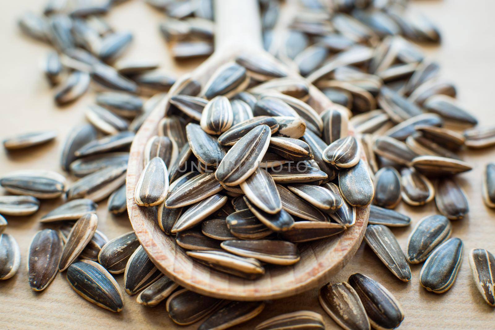 sunflower seeds in a wooden spoon