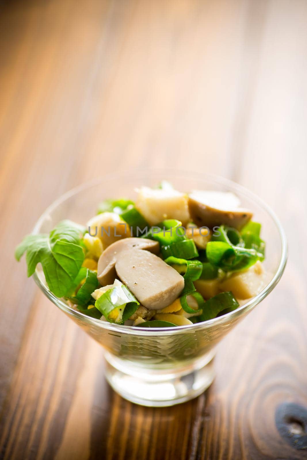 fresh spring diet salad of mushrooms, eggs, green onions on a wooden table