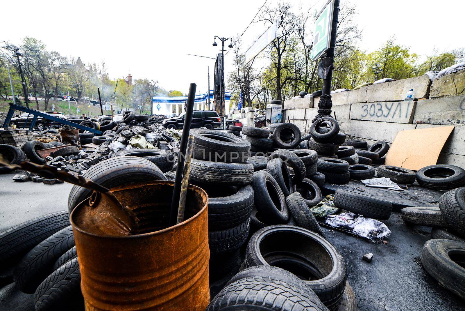 KIiev, Ukraine - April 14, 2014: Streets and barricades in the city center after the revolution in Kiev, Ukraine