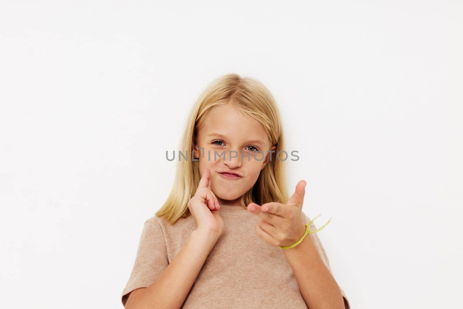 emotional girl gestures with his hands isolated background. High quality photo