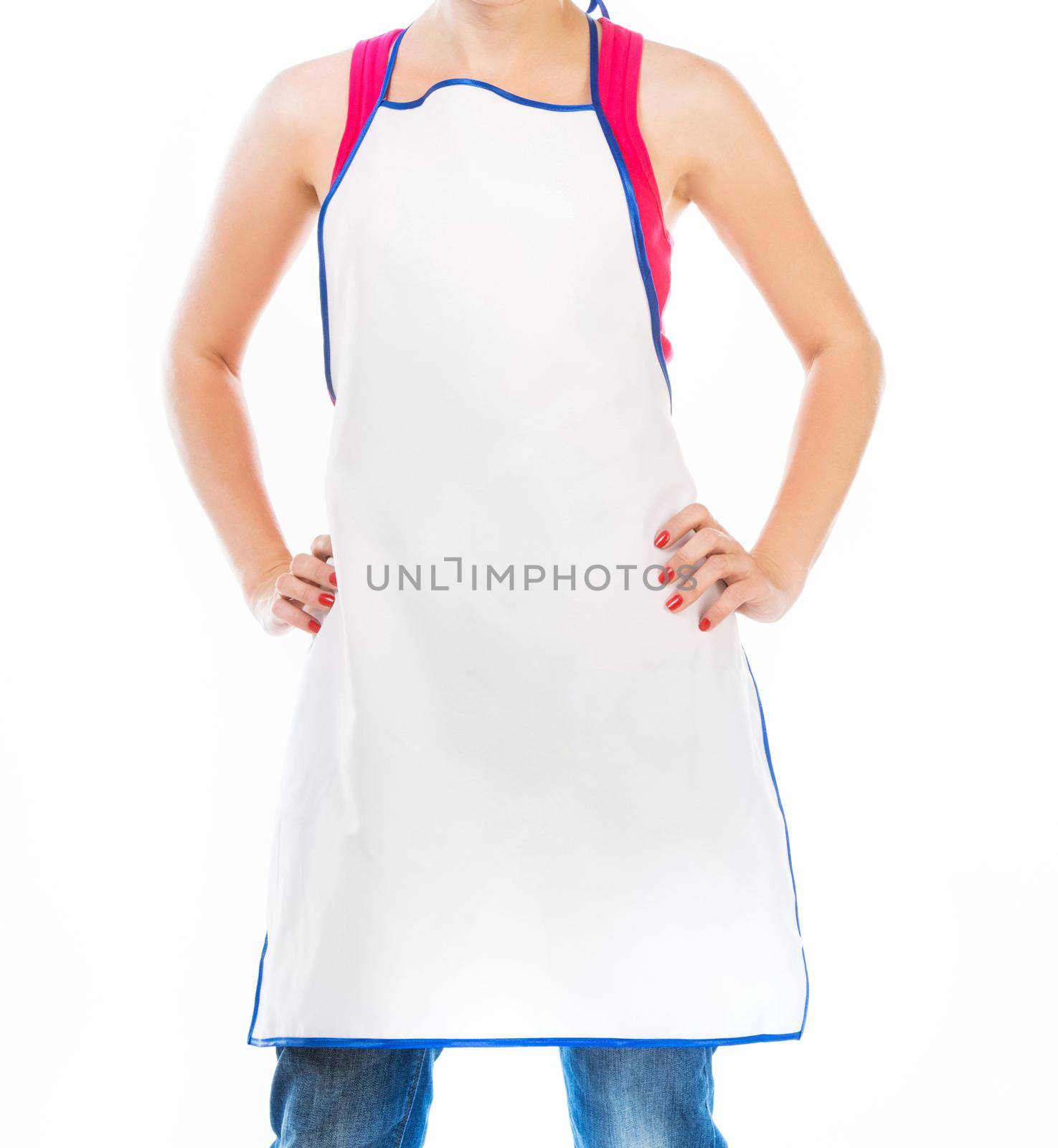 Woman in apron isolated on white