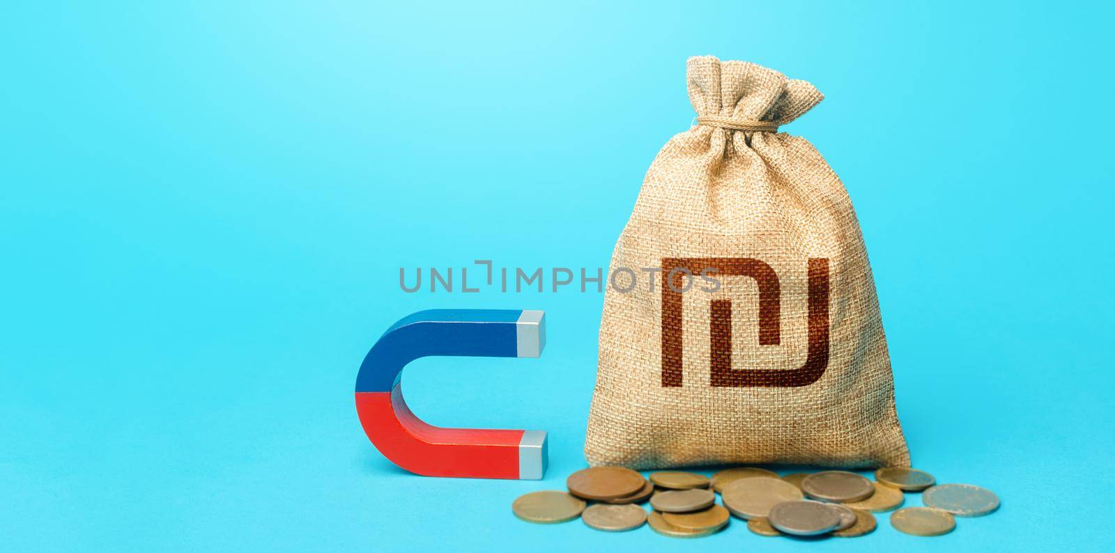 Israeli shekel money bag and red blue magnet. Tax collection. Raising funds and investments in business projects and startups. Money laundering. Accumulation and attraction of capital. by iLixe48