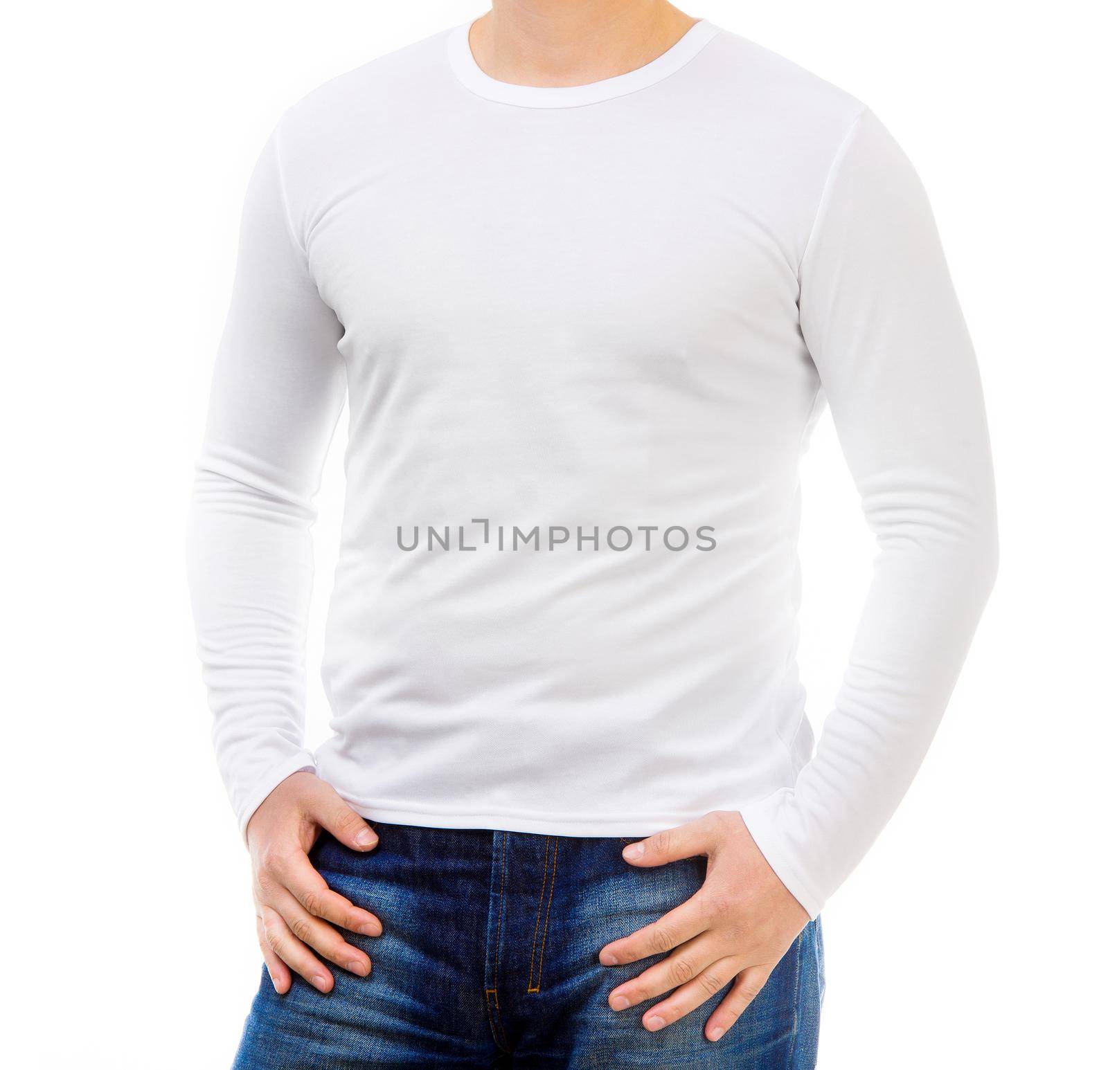 young man in a white shirt with long sleeves isolated on white background