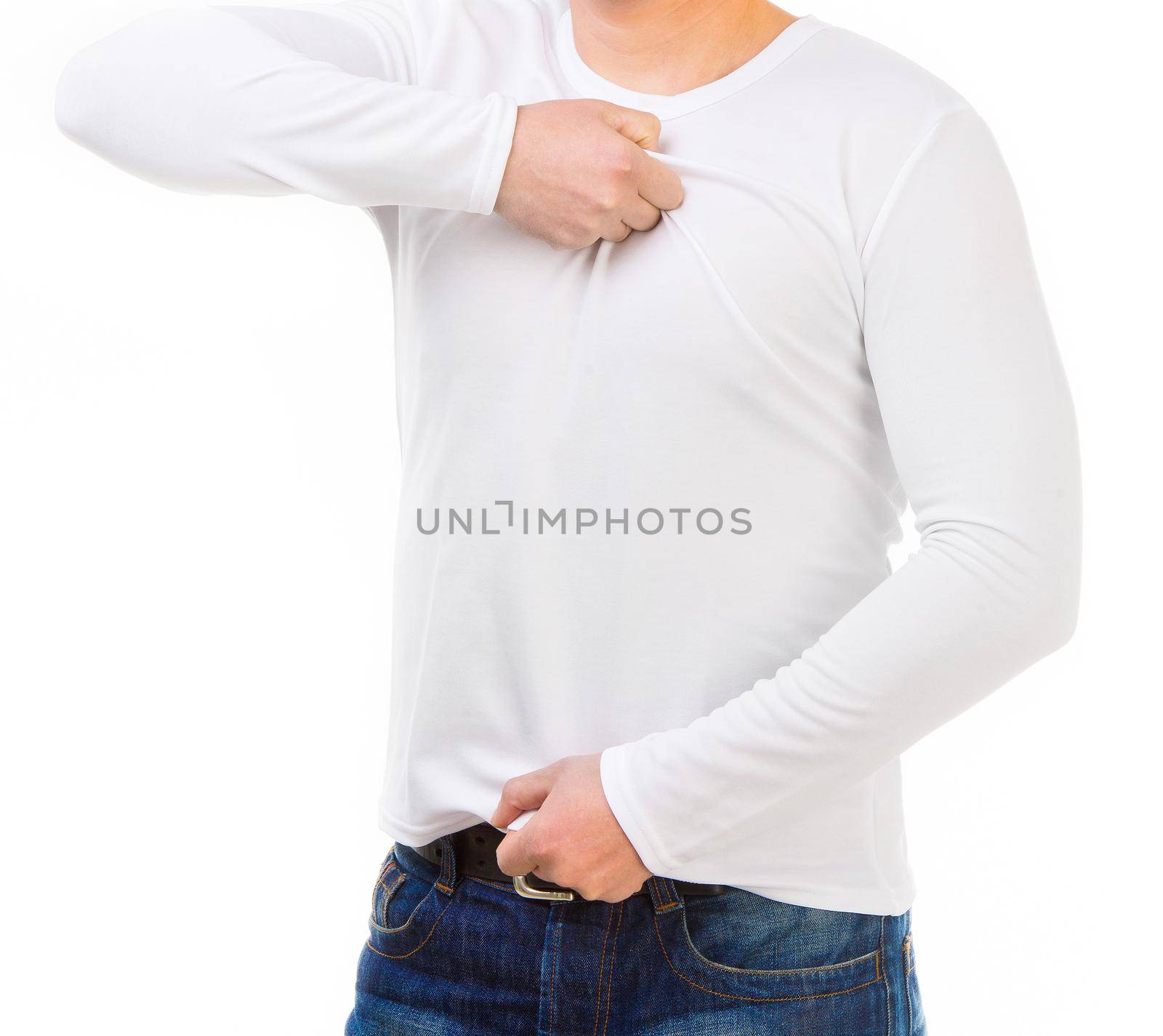 young smiling man in a white shirt with long sleeves isolated