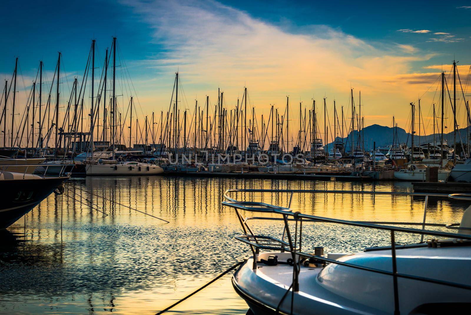 Beautiful marina view, sailboats and motorboats in port