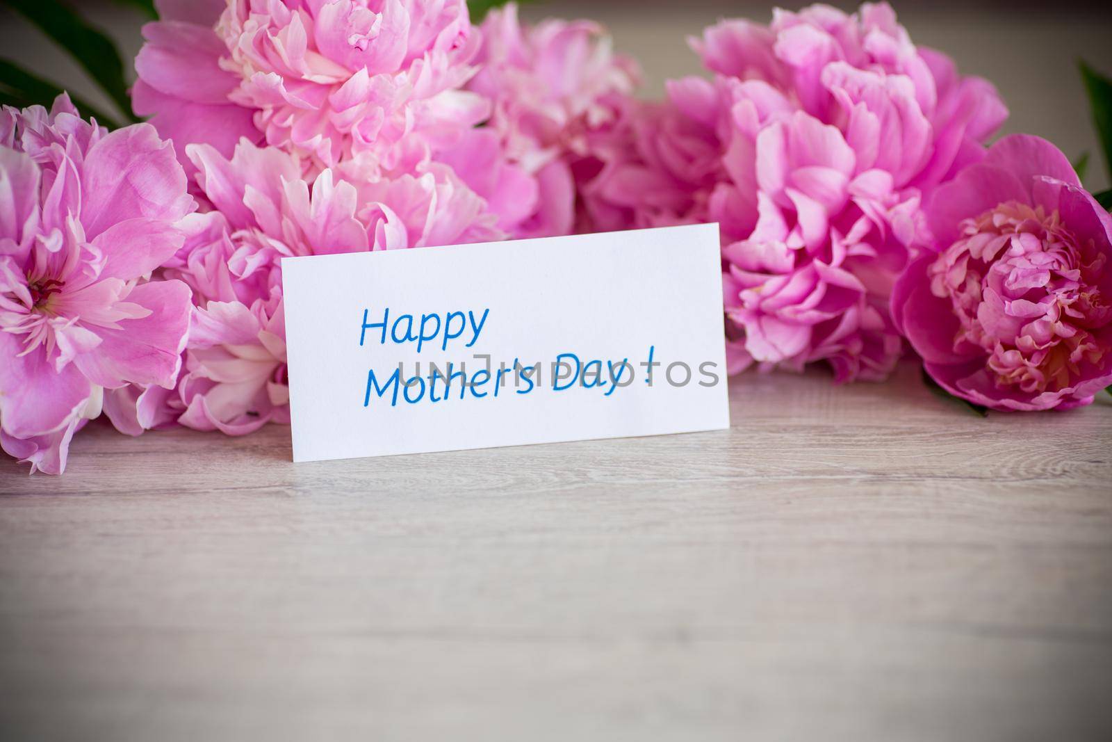 several branches of blooming pink peonies on a wooden background