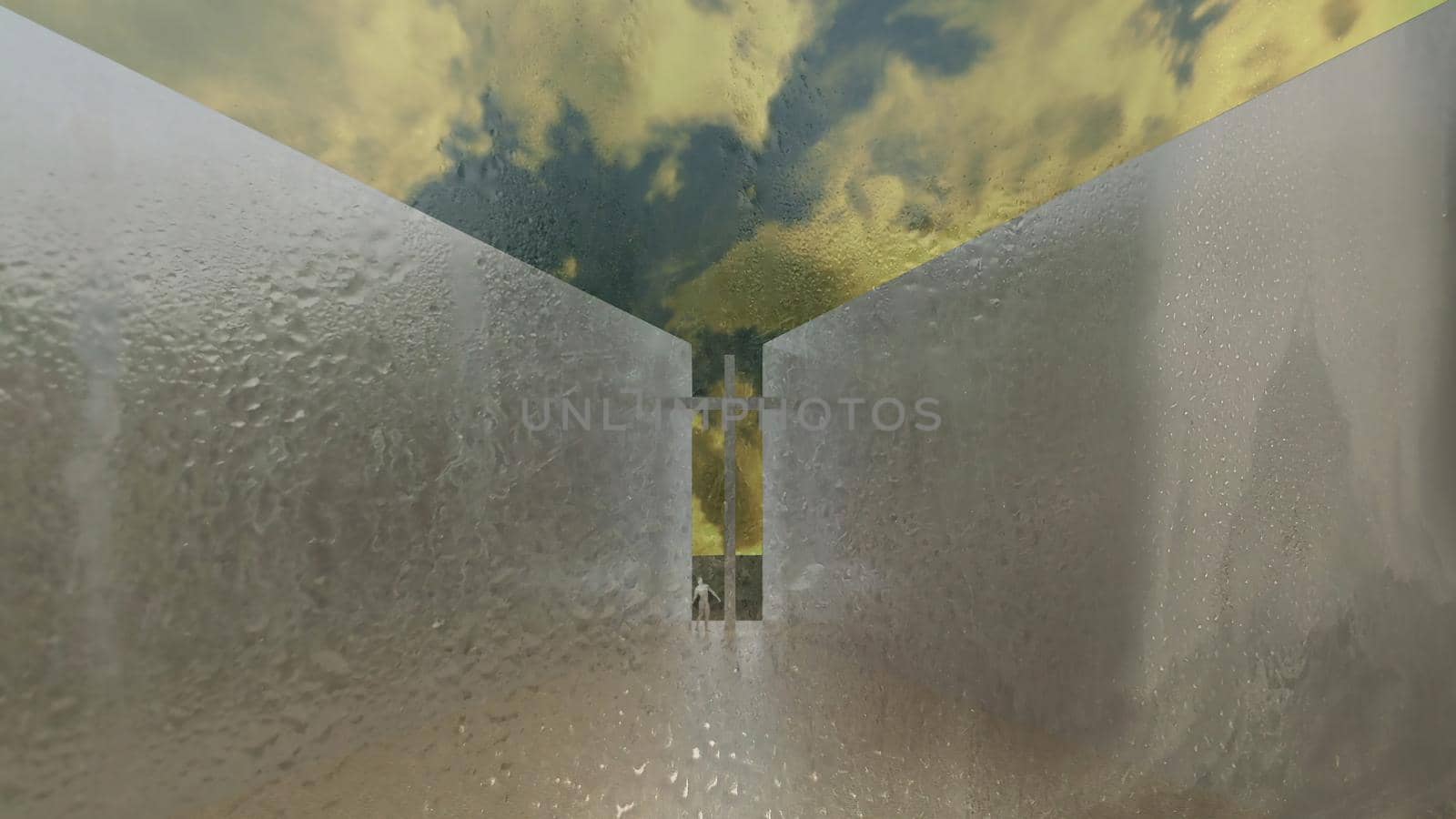 3d illustration - Cross between two white walls and  yellow sky in background by vitanovski