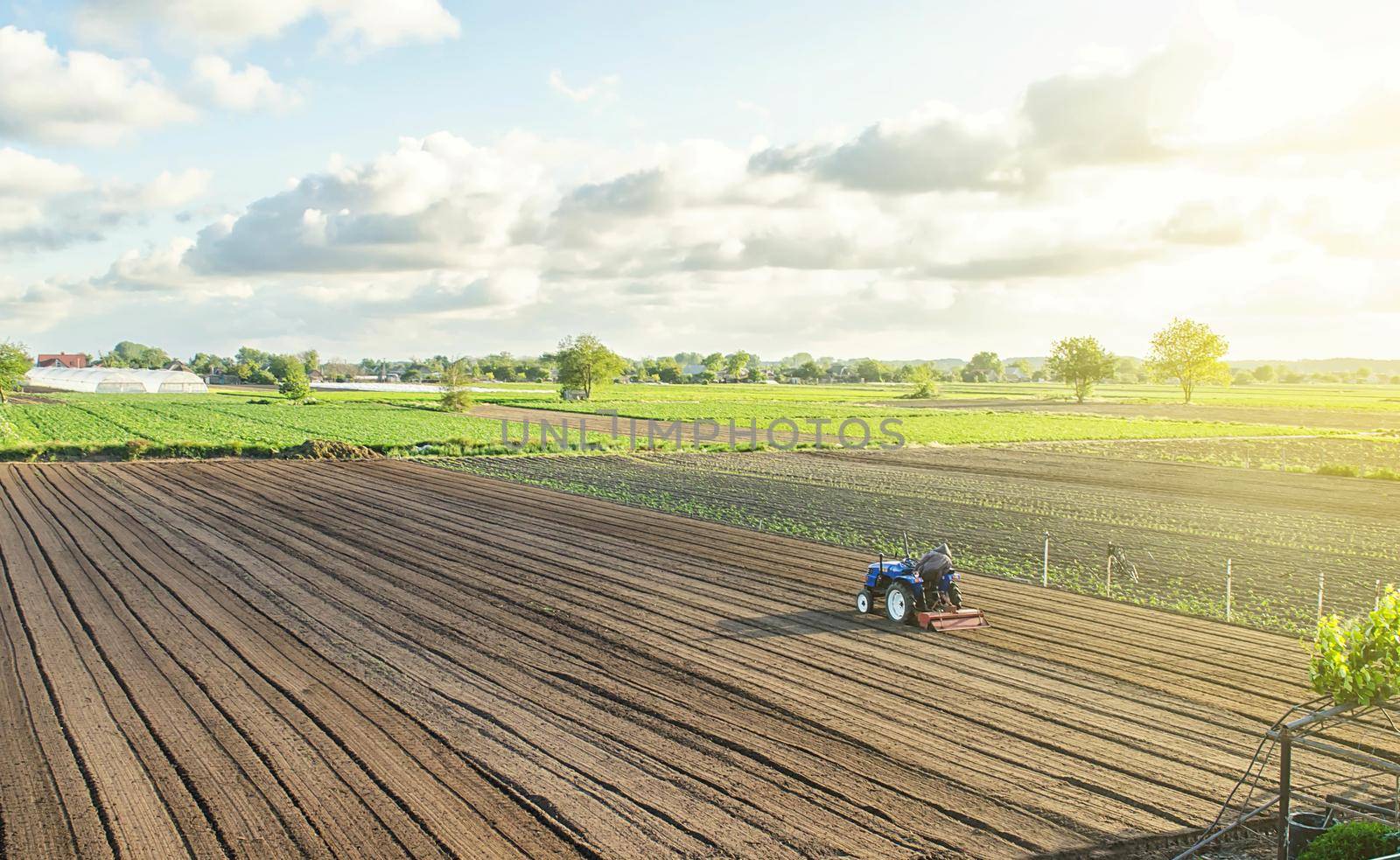 A tractor rides on a farm field. Farmer on a tractor with milling machine loosens, grinds and mixes soil. Farming and agriculture. Loosening the surface, cultivating the land for further planting.