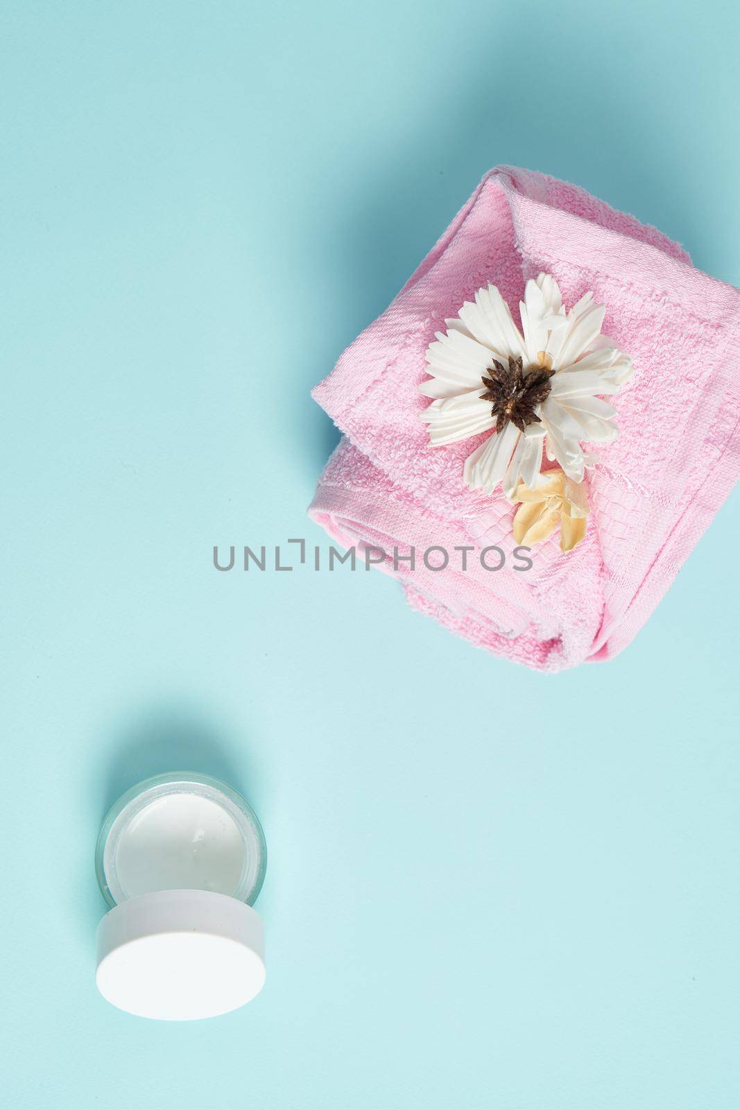 hygiene items cosmetics health procedures blue background. High quality photo