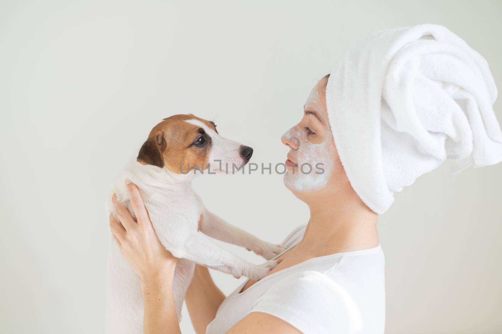 A woman with a towel on her hair and a clay mask is holding a dog. Jack Russell Terrier licks the mask from the owner face