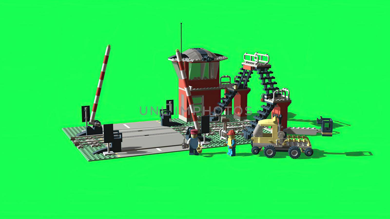 3d illustration -  Train Level Crossing made from plastic bricks