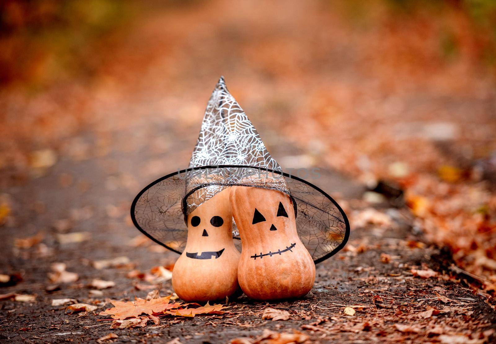 Pair of halloween pumpkins under witch hat standing on autumn leaves