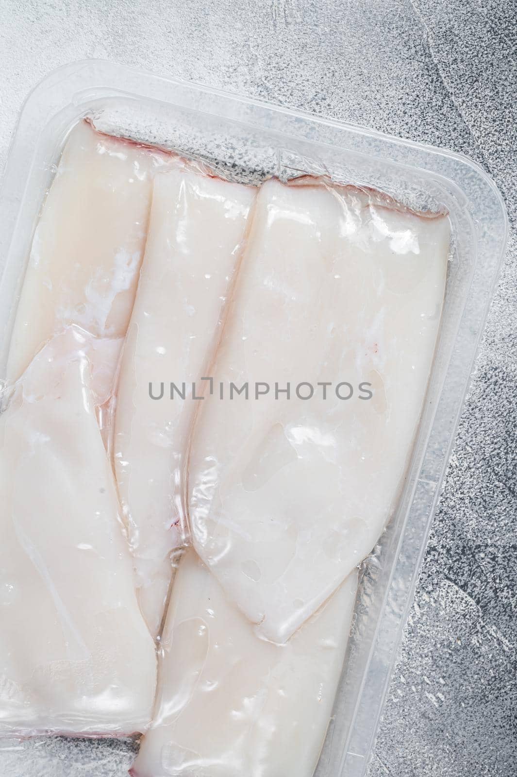 Raw squid or Calamari in a vacuum package from the supermarket. White background. Top view.
