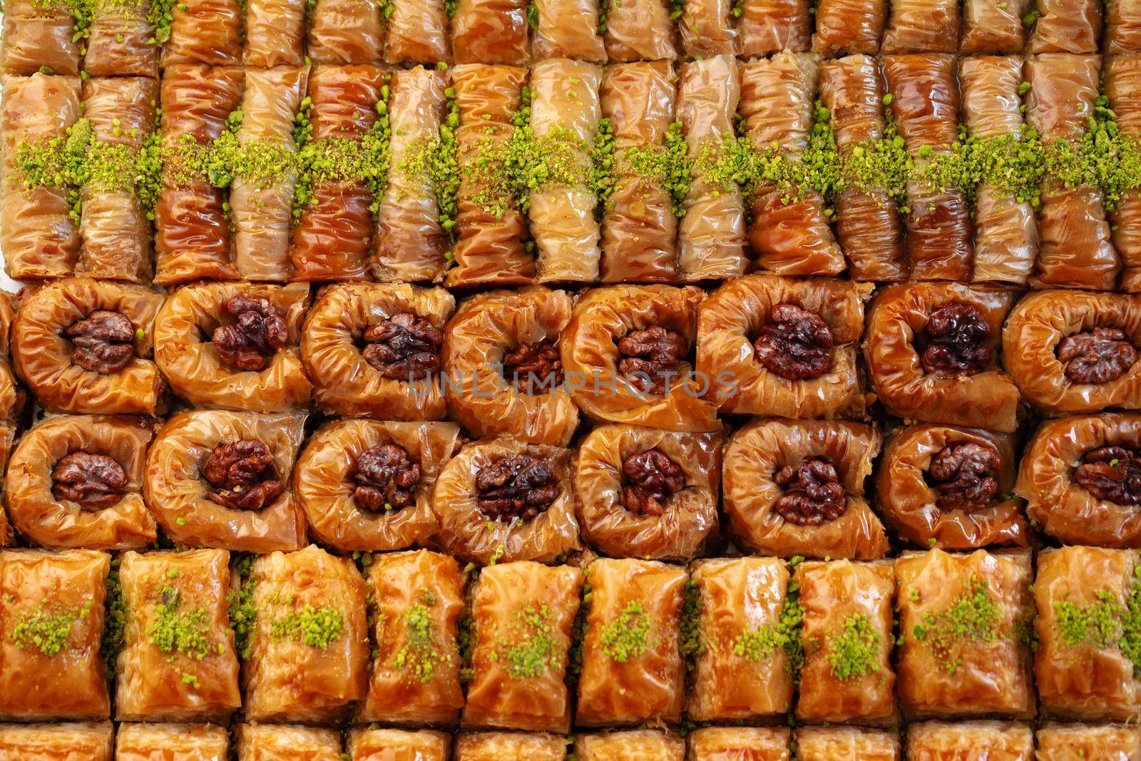 Top view food pattern texture of Turkish dessert baklava
