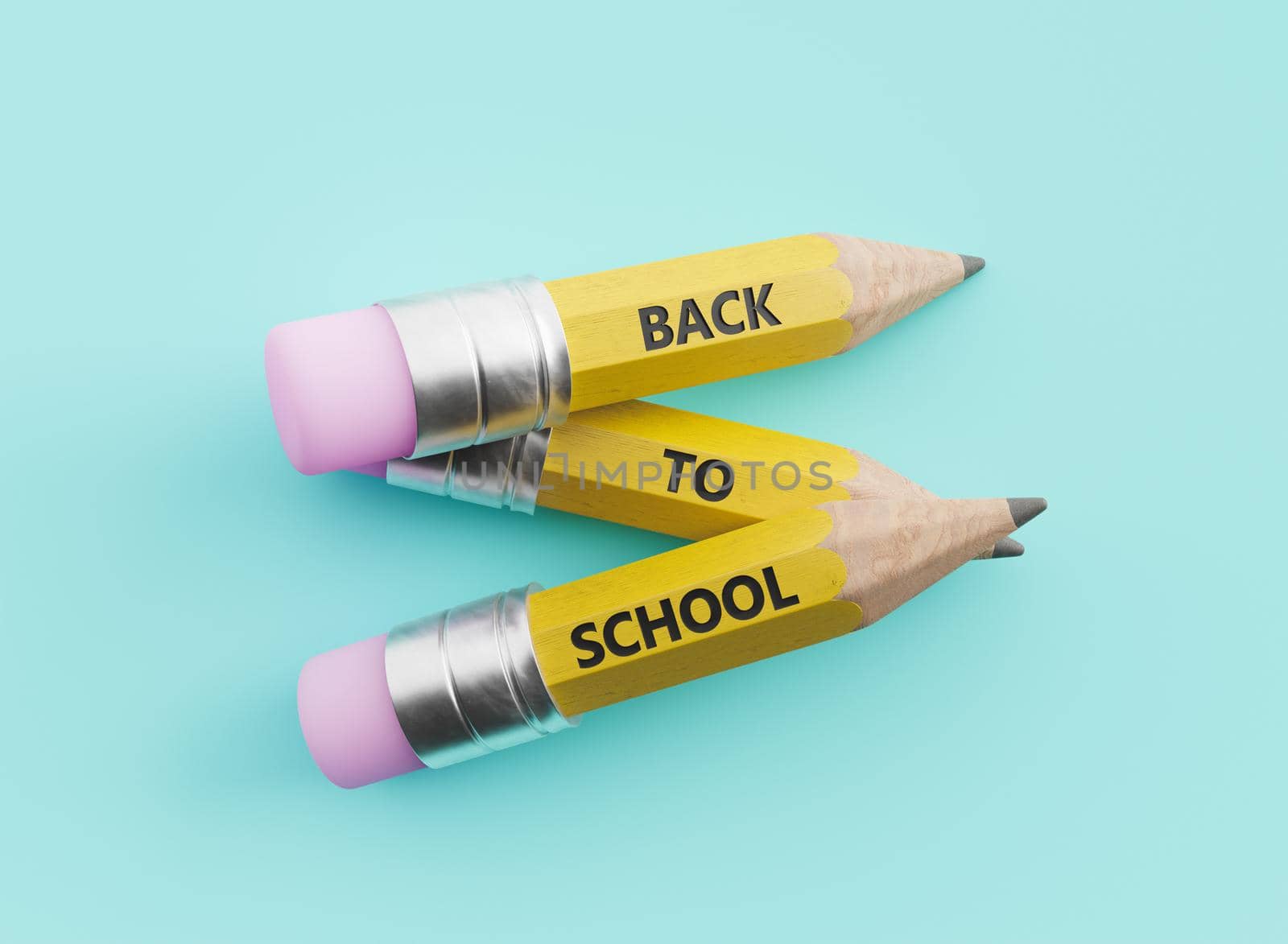 stacked pencils with the words back to school carved on them. 3d render