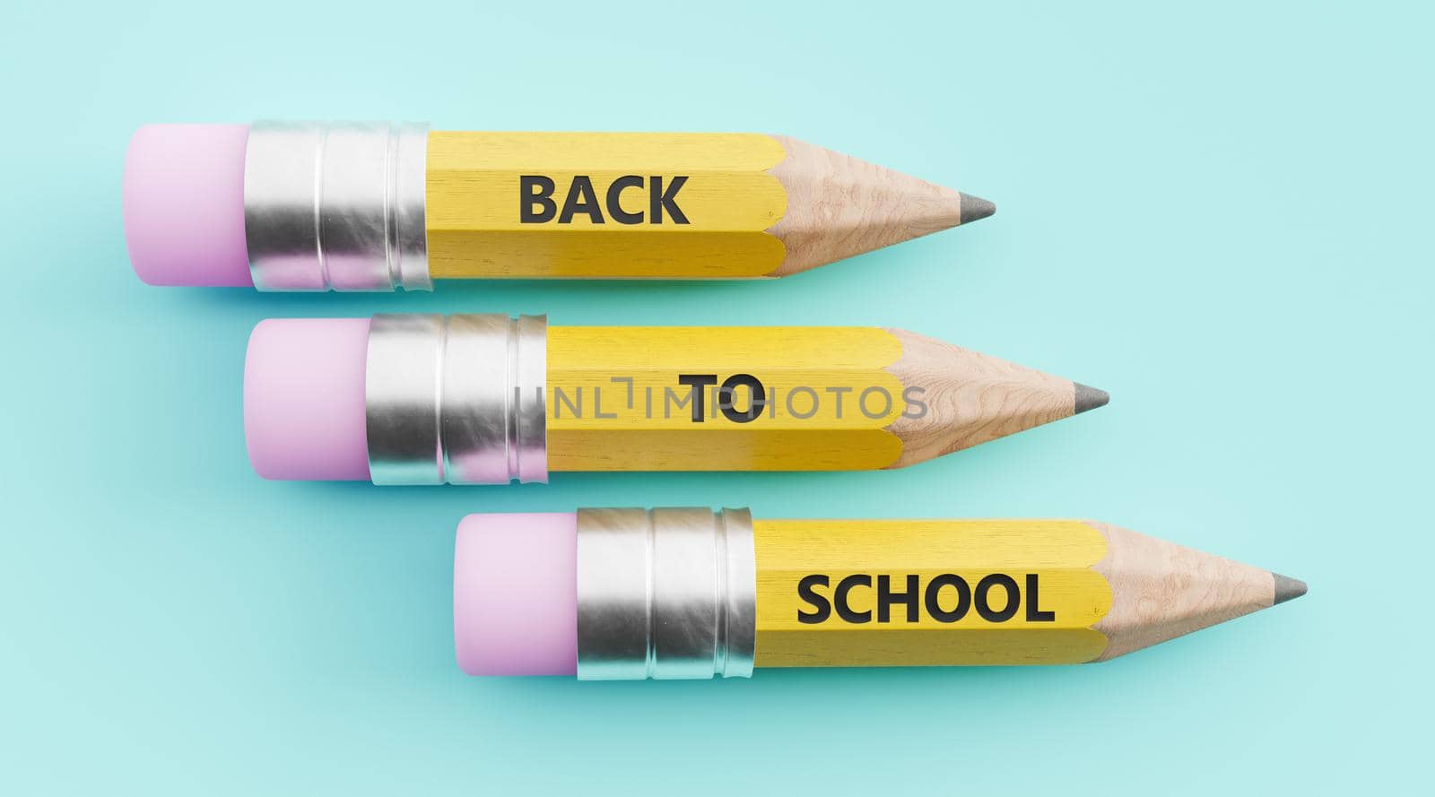 yellow pencils lined up with the words back to school carved on them. 3d render