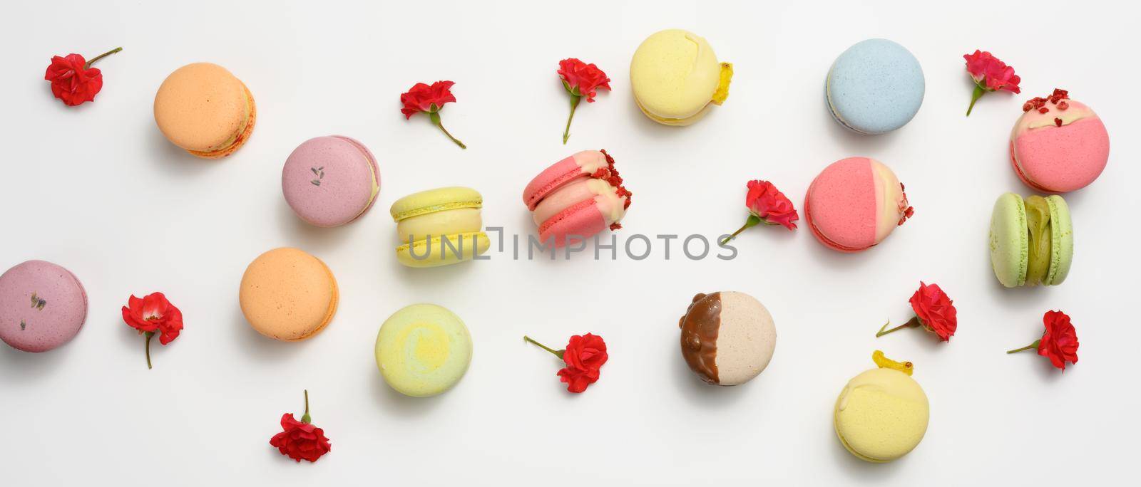 baked macarons with different flavors and rosebuds on a white background by ndanko