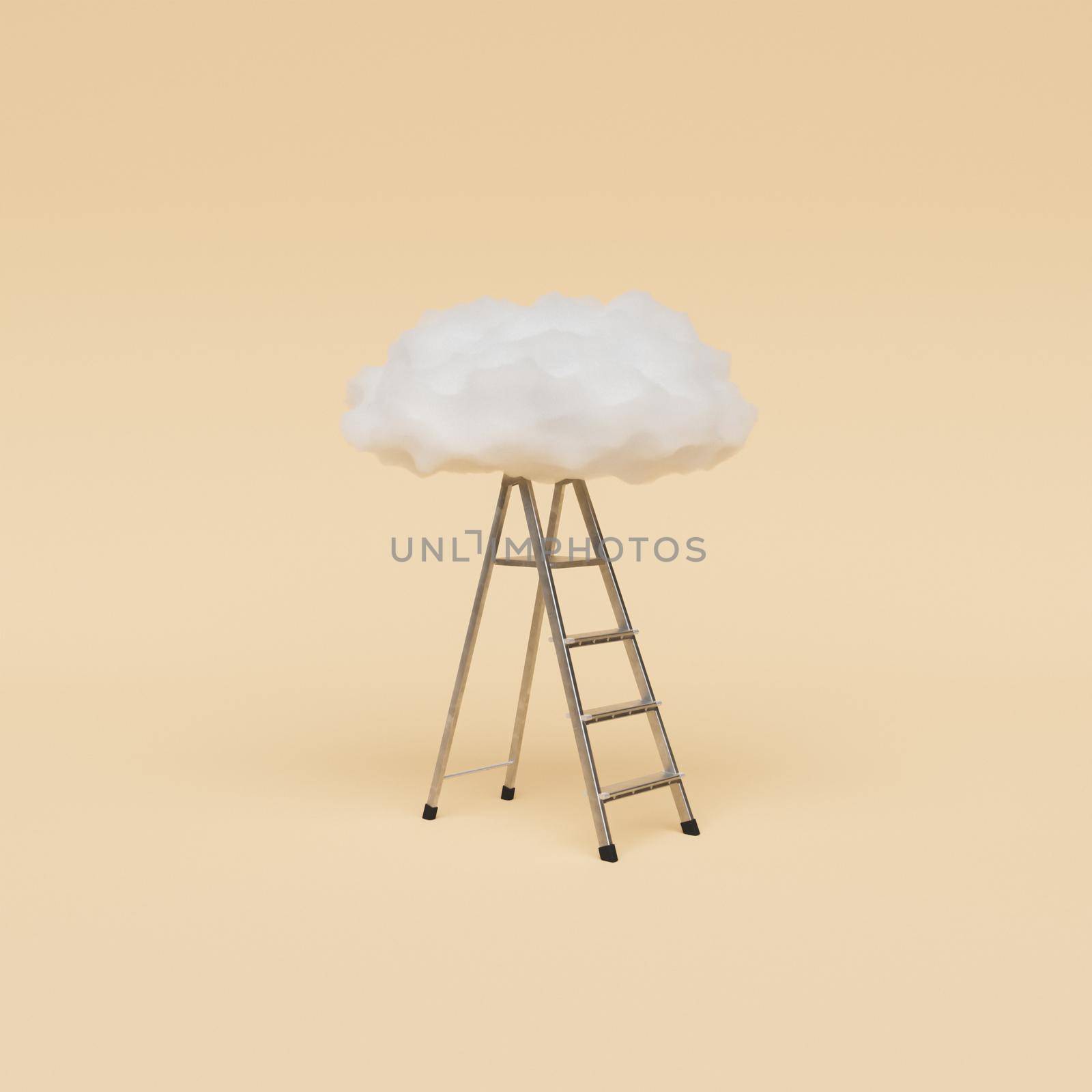 Minimalist metal ladder with cloud on top on beige background. 3d render