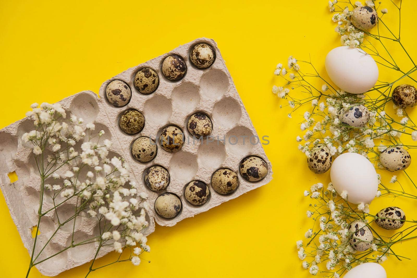 Easter background, various eggs on a yellow background, decorated with natural botanical elements, flat lay, view from above, empty space for text by Annu1tochka