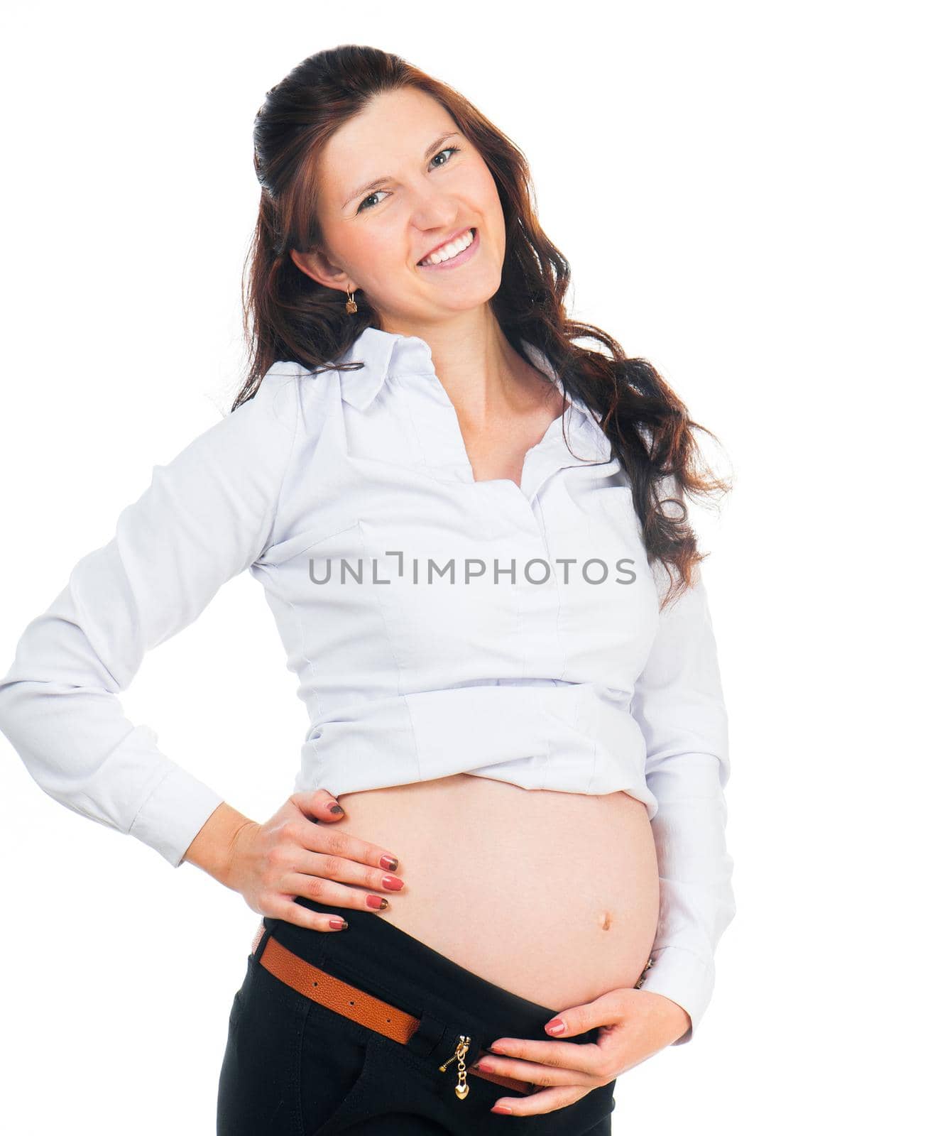 Young beautiful woman on 7 months pregnant isolated on white background