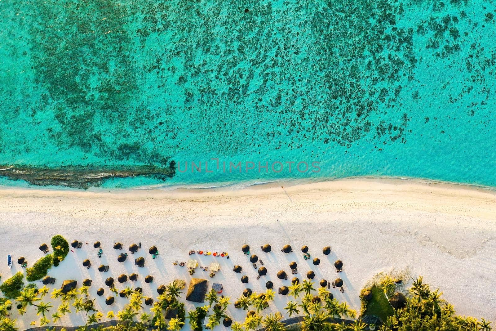 View from the height of the island of Mauritius in the Indian Ocean and the beach of Le Morne-Brabant.