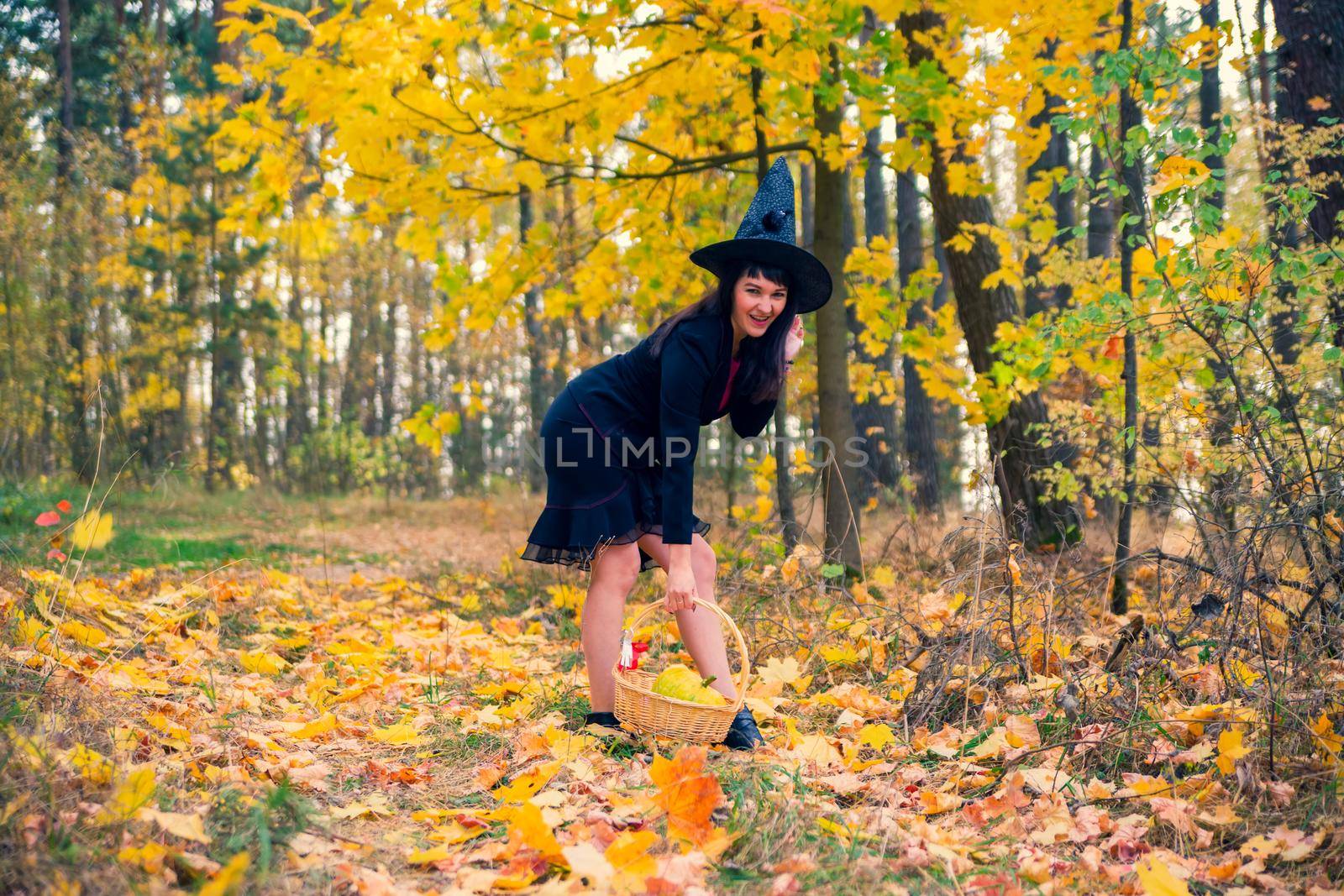 witch in the autumn forest. halloween cosplay. halloween fall holiday celebration by Mariaprovector