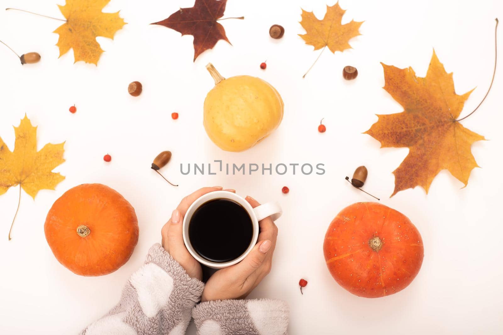 A woman holds a cup of black coffee near the yellow maple leaves of a pumpkin on a white background. Autumn flat lay. by mrwed54
