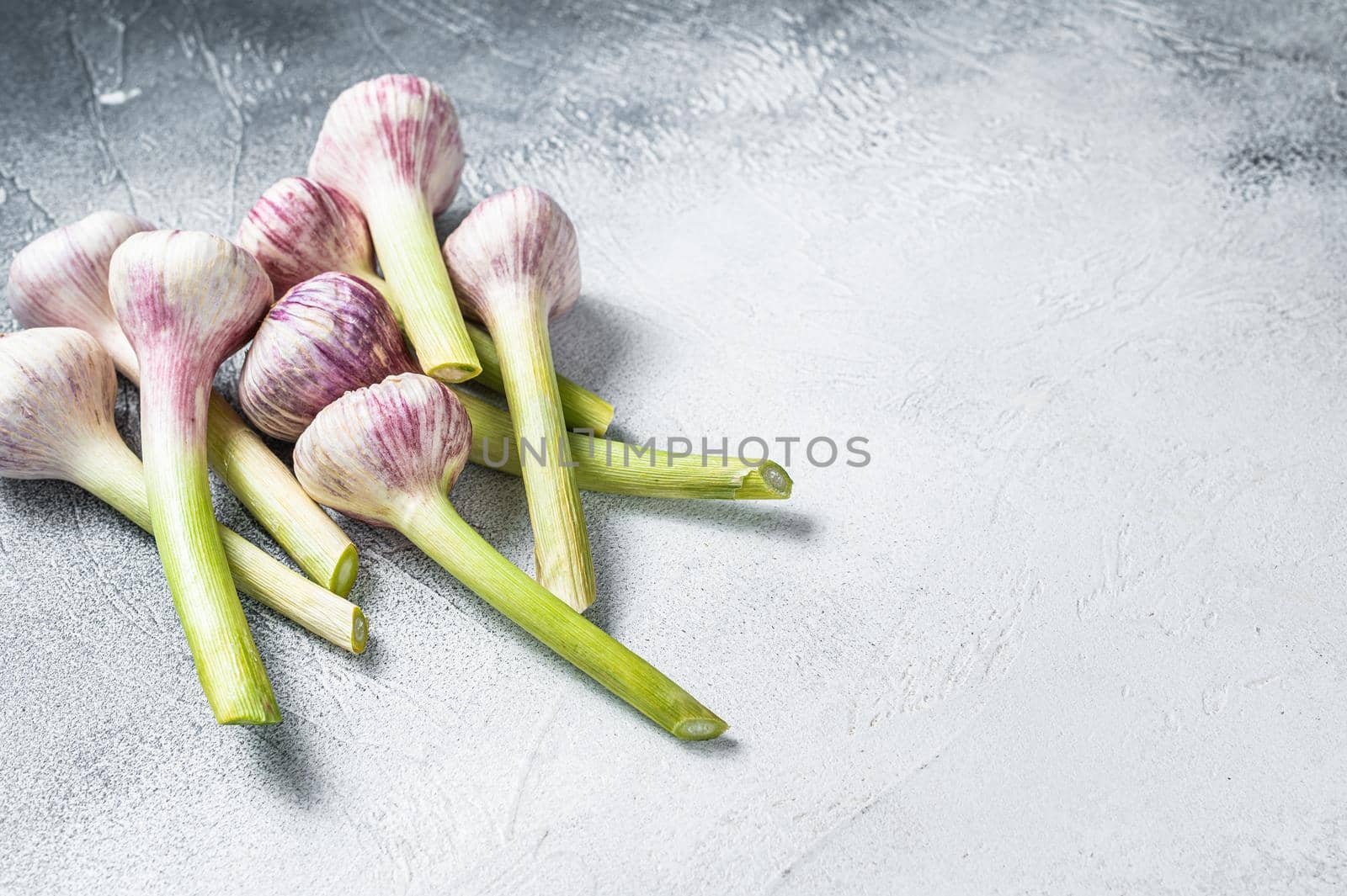 Spring young garlic bulbs on kitchen table. White background. Top view. Copy space by Composter