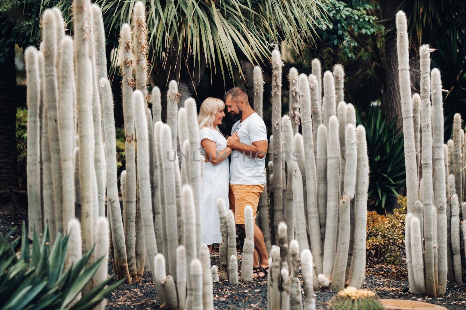 A loving couple embraces against the backdrop of huge cacti on the island of Tenerife.People in love in the Canary Islands.Large cacti in Tenerife by Lobachad