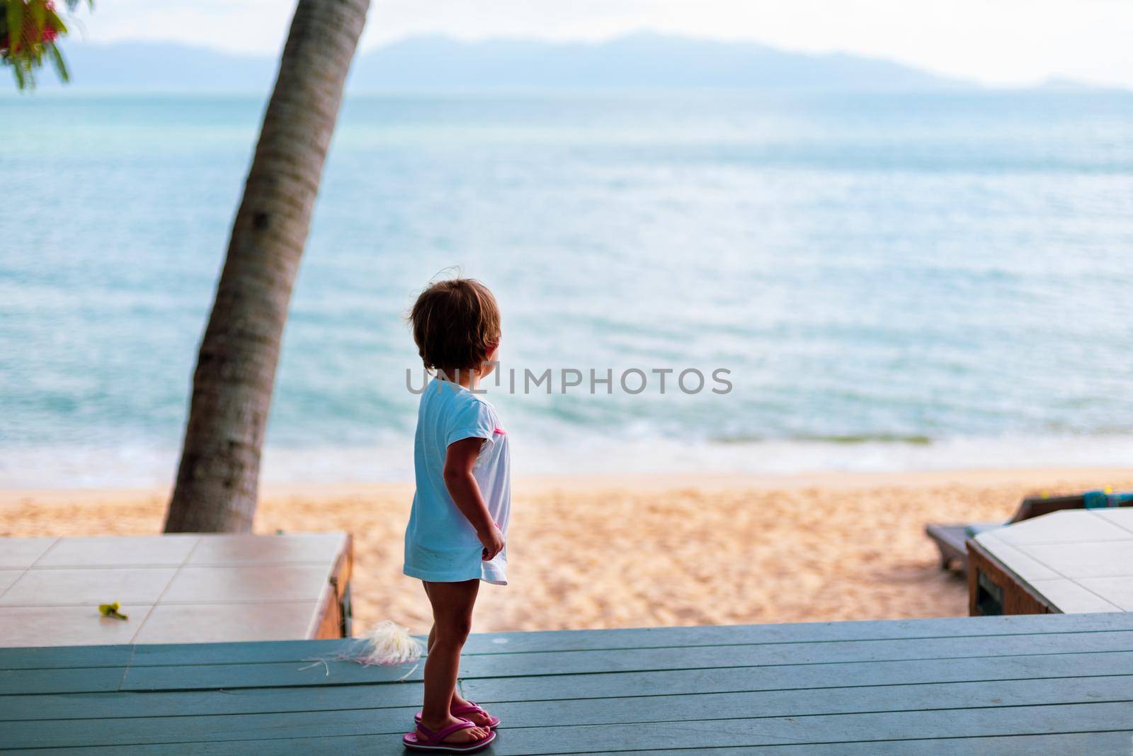 little toddler girl in a white dress looks at the sea while standing on the wooden floor outside. back view. soft focus