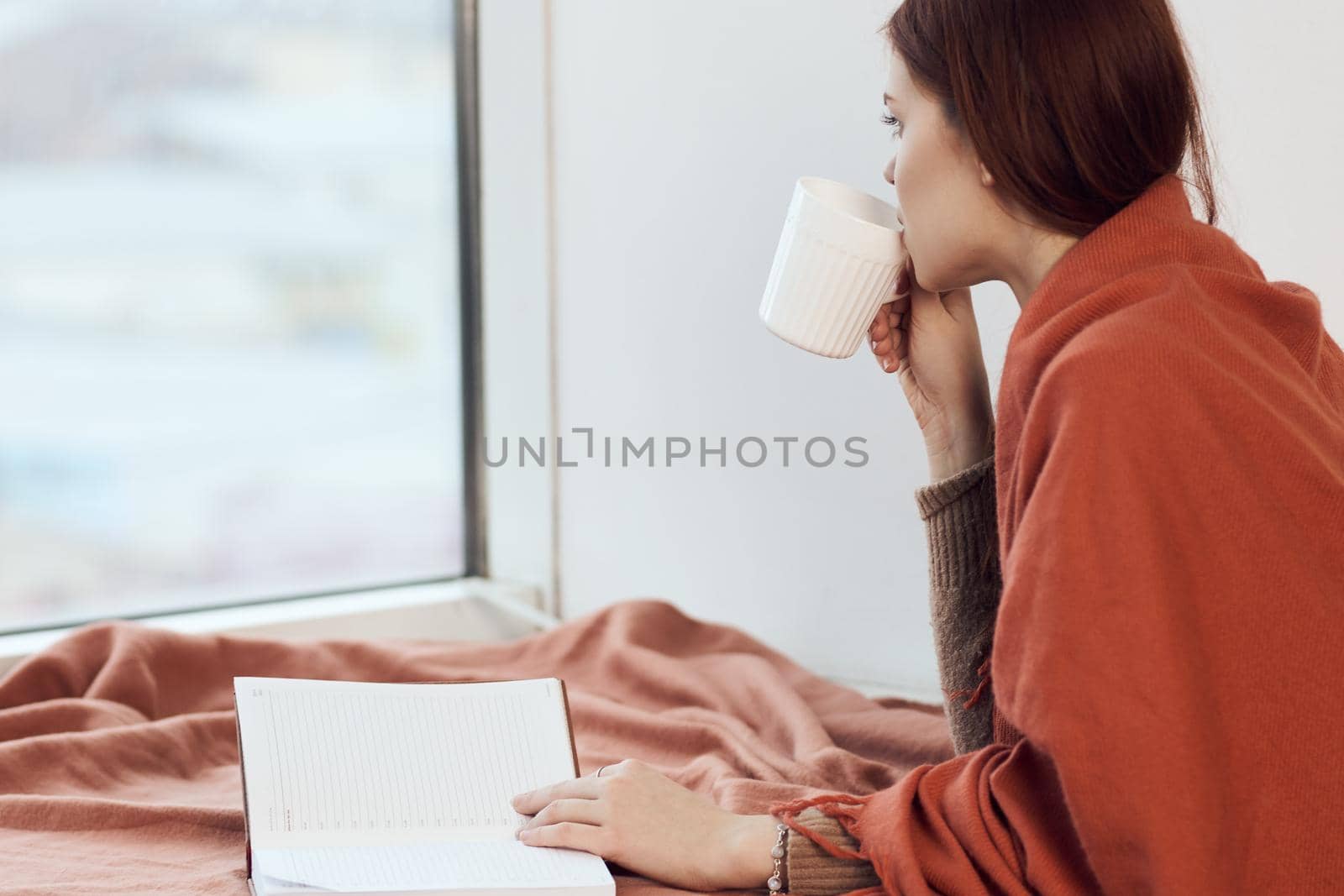 woman near the window with a plaid reading a book rest. High quality photo