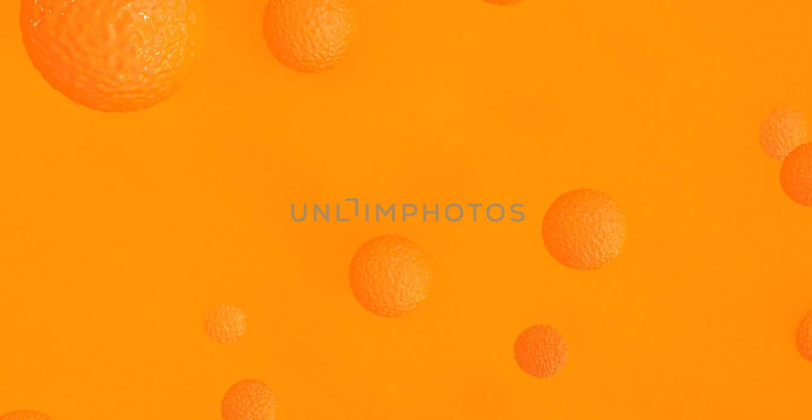 Abstract orange background with dynamic 3d spheres. orange and yellow balloons on an orange background. Modern trendy banner or poster design 3D image, copy space.