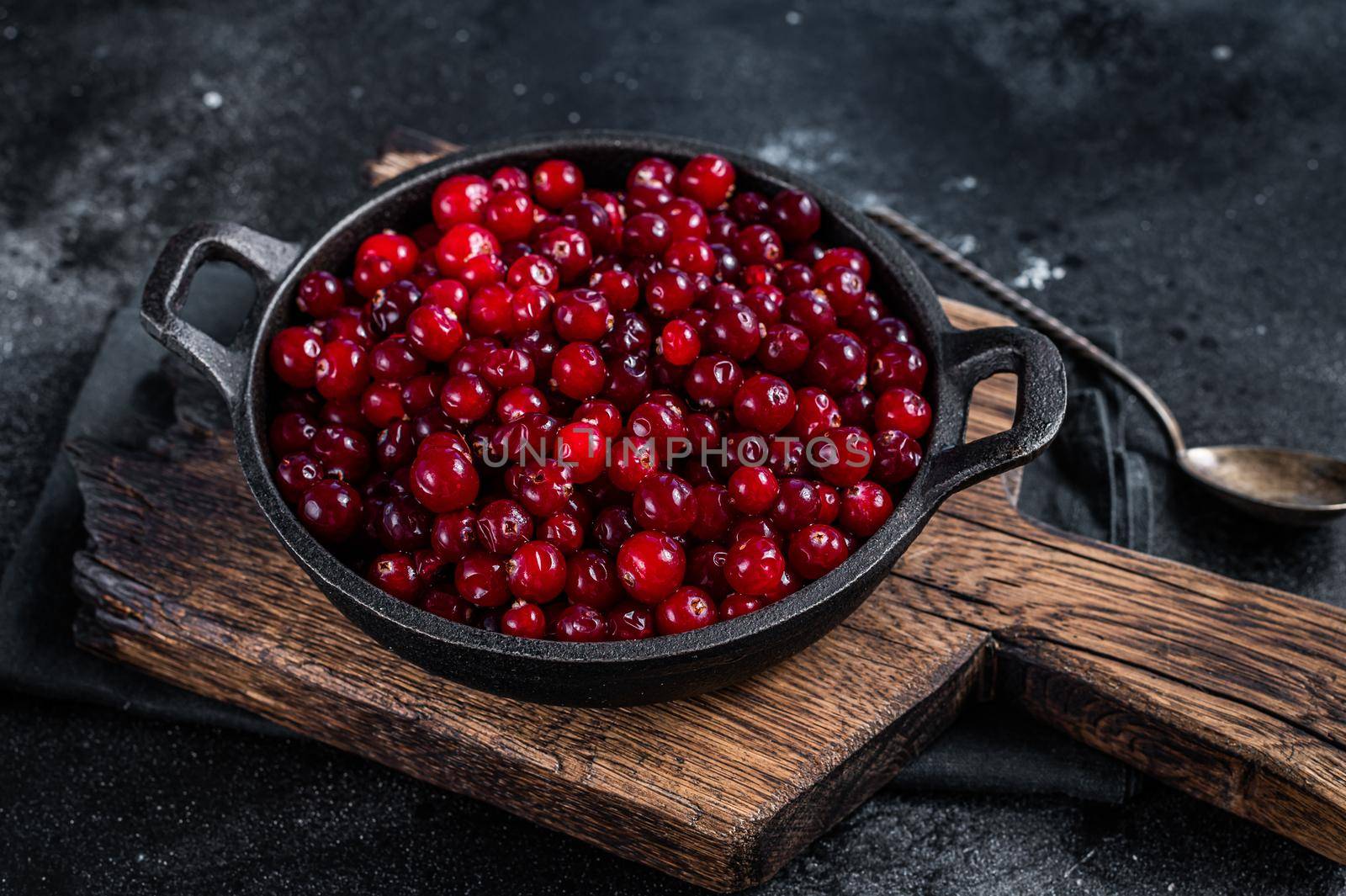 Red fresh Cranberry berry in a pan. Black background. Top view by Composter