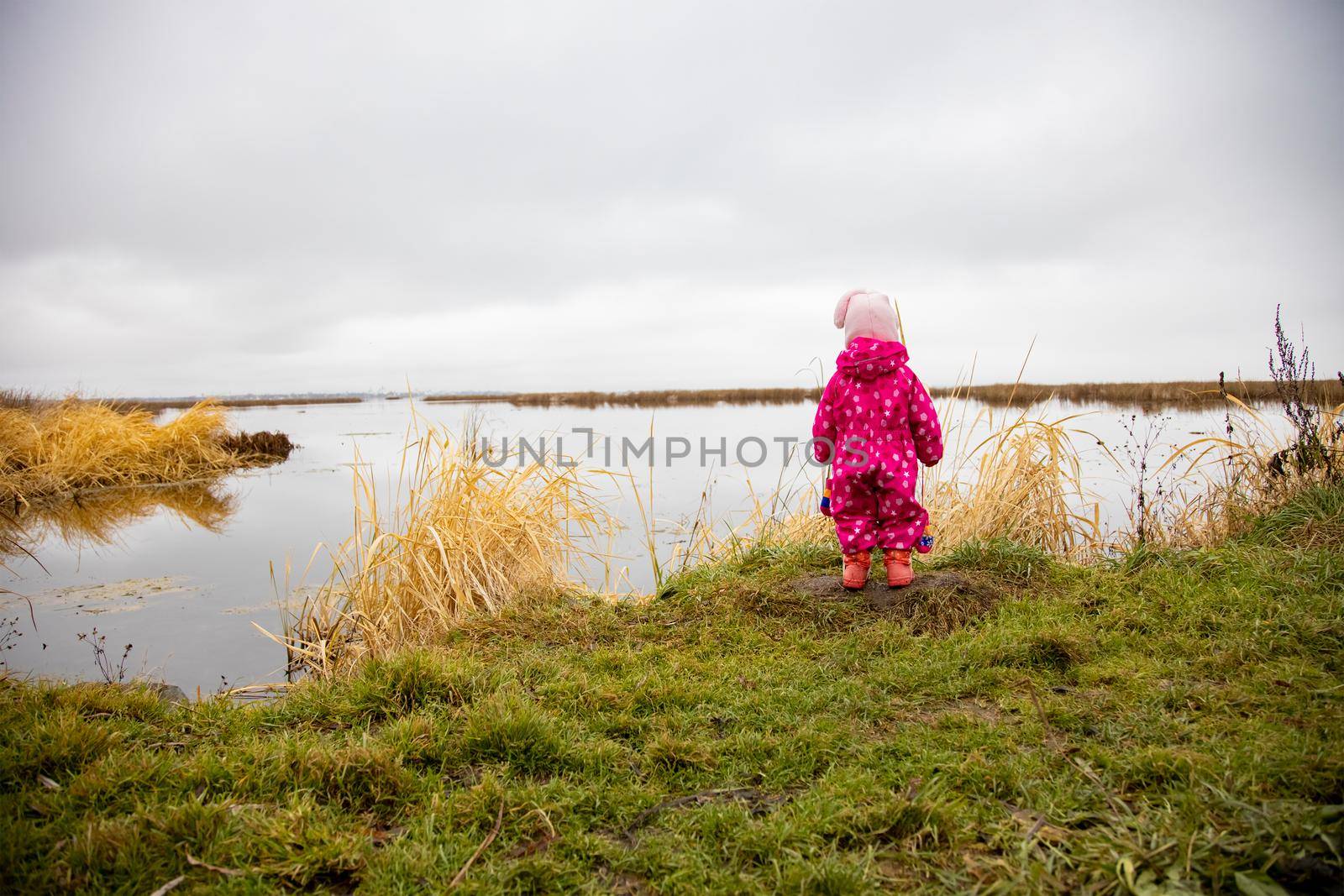 a small child stands on the shore of the lake and looks into the distance. toddler walks in nature in a winter suit, rear view by Mariaprovector
