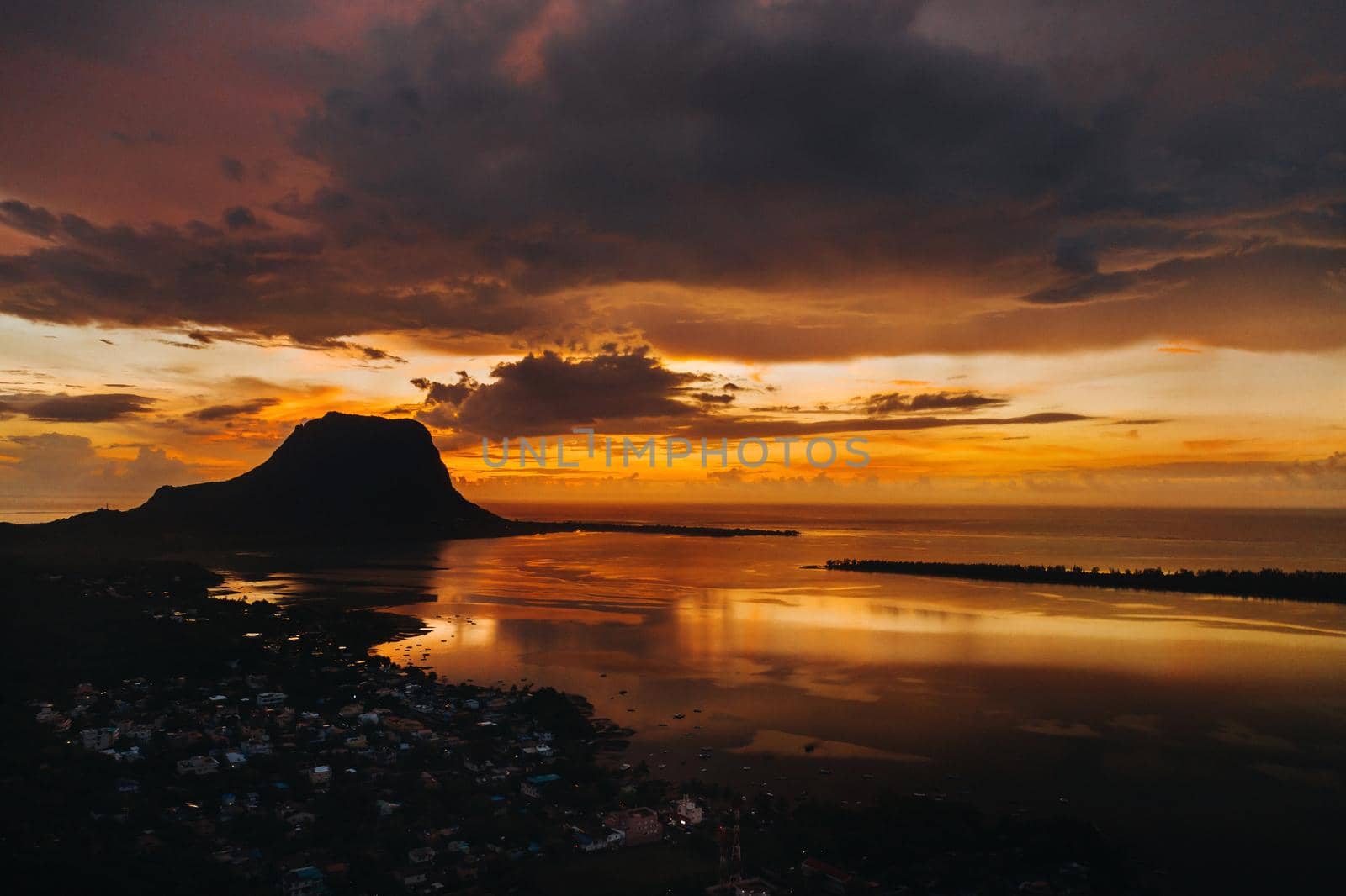 Amazing view of Le Morne Brabant at sunset. Mauritius island