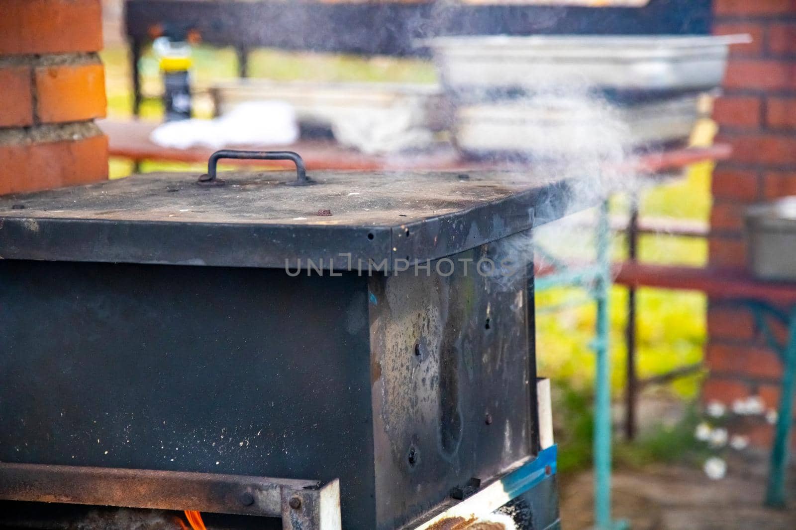 outdoor smoker for fish and meat. the process of smoking fish or meat. outdoor smoker for fish and meat. smoke comes from a black box for preparing smoked food. by Mariaprovector