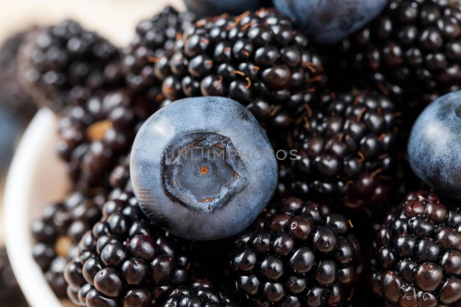 lying together in a plate of blueberries and blackberries during harvesting and eating, close-up photo