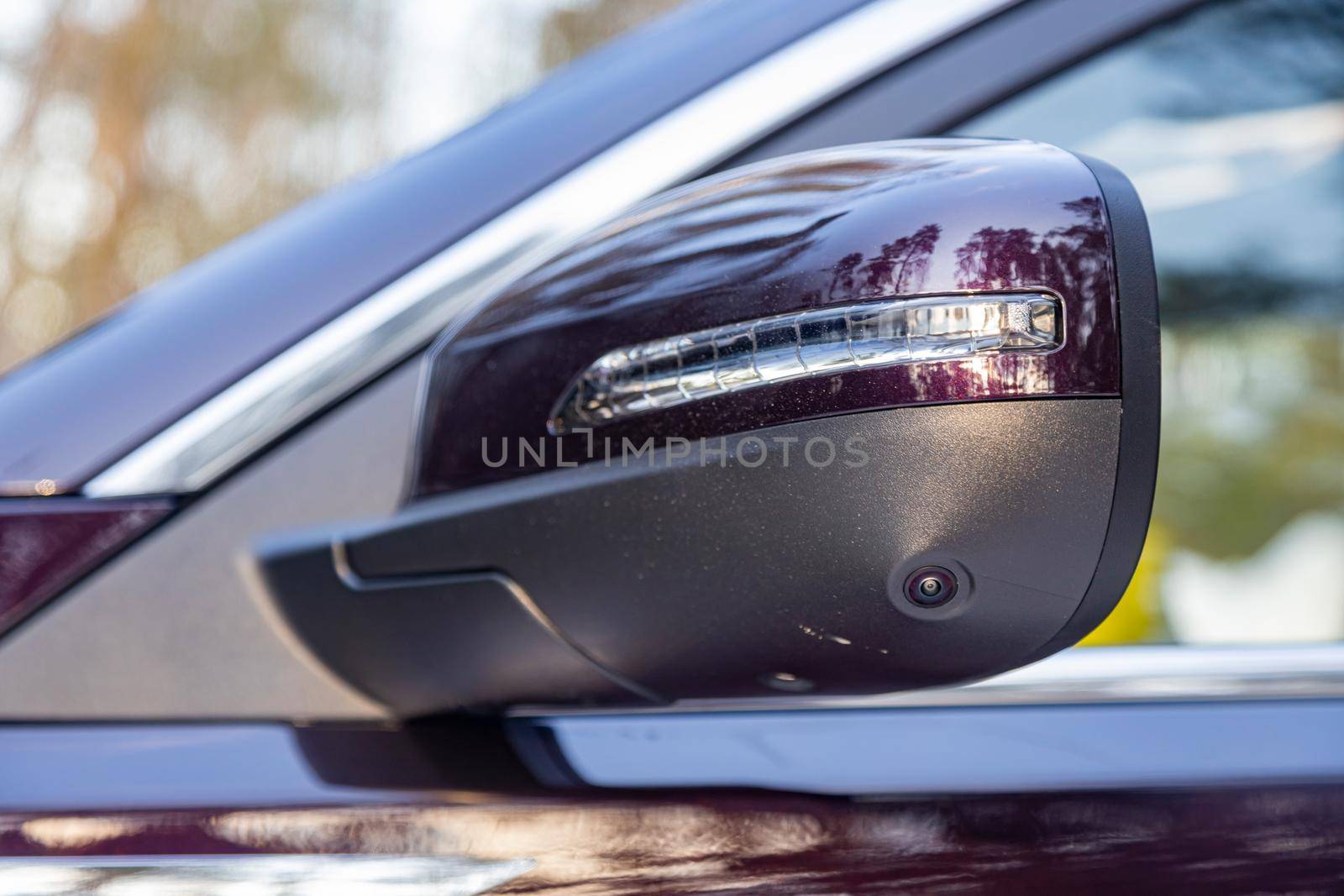 road safety. 360 terrain system option in a modern car. close-up side view rearview mirror of modern car with round view camera by Mariaprovector