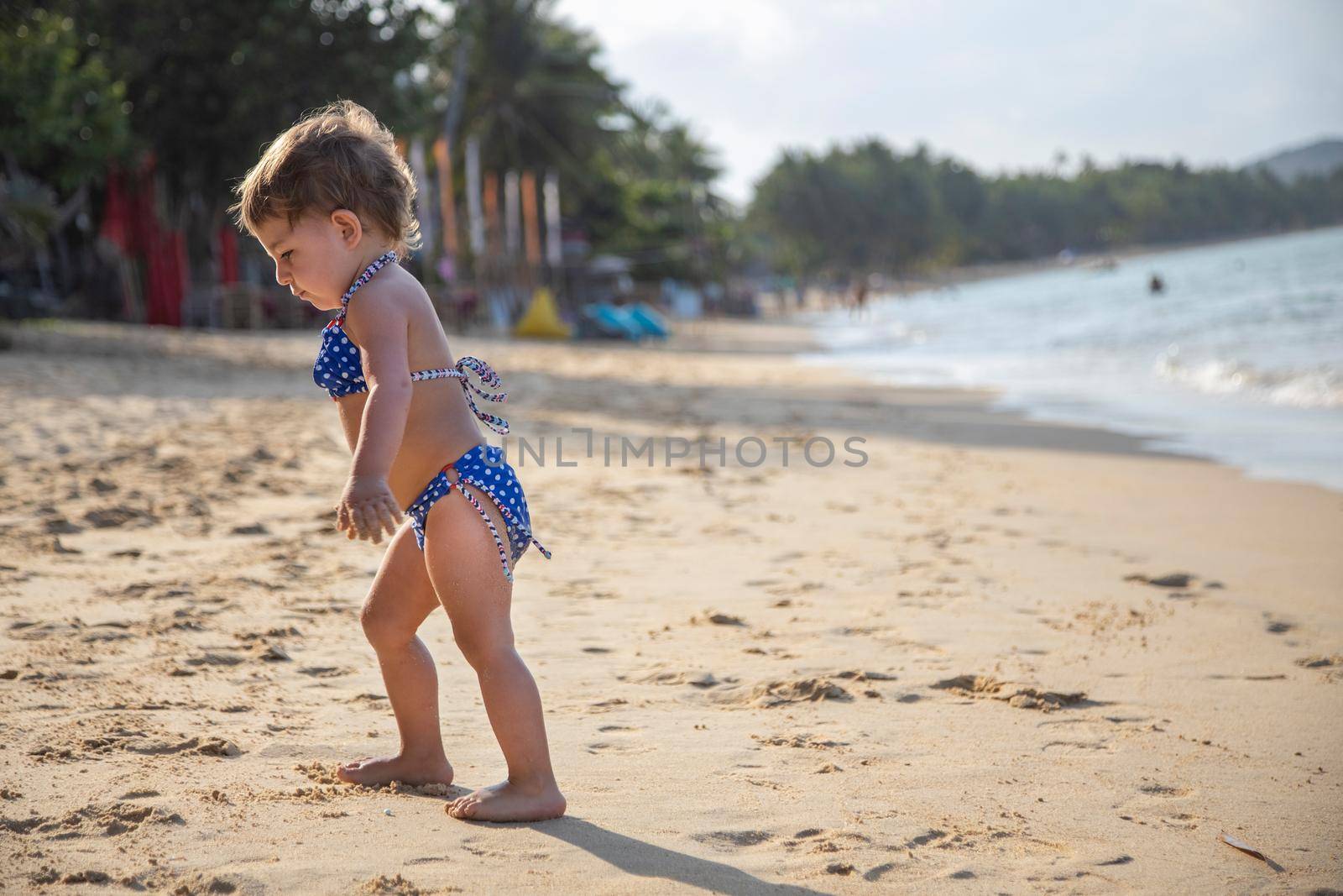 adorable toddler girl playing on sandy beach of tropical island by Mariaprovector