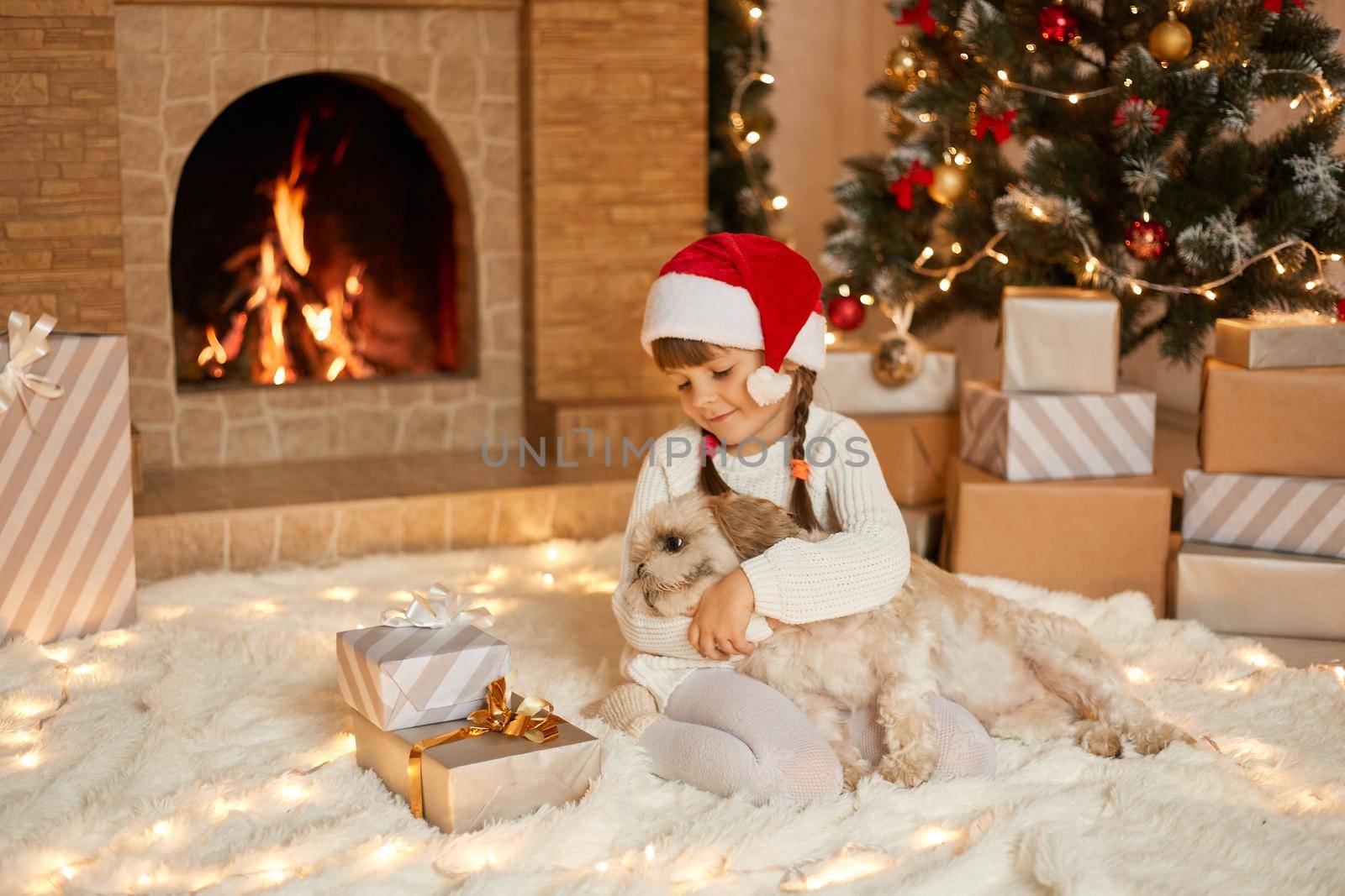Cute little girl in santa hat hugging with dog on background of beautiful christmas tree with lights and fireplace in festive room, warm atmospheric moments, female child with her gifts. by sementsovalesia