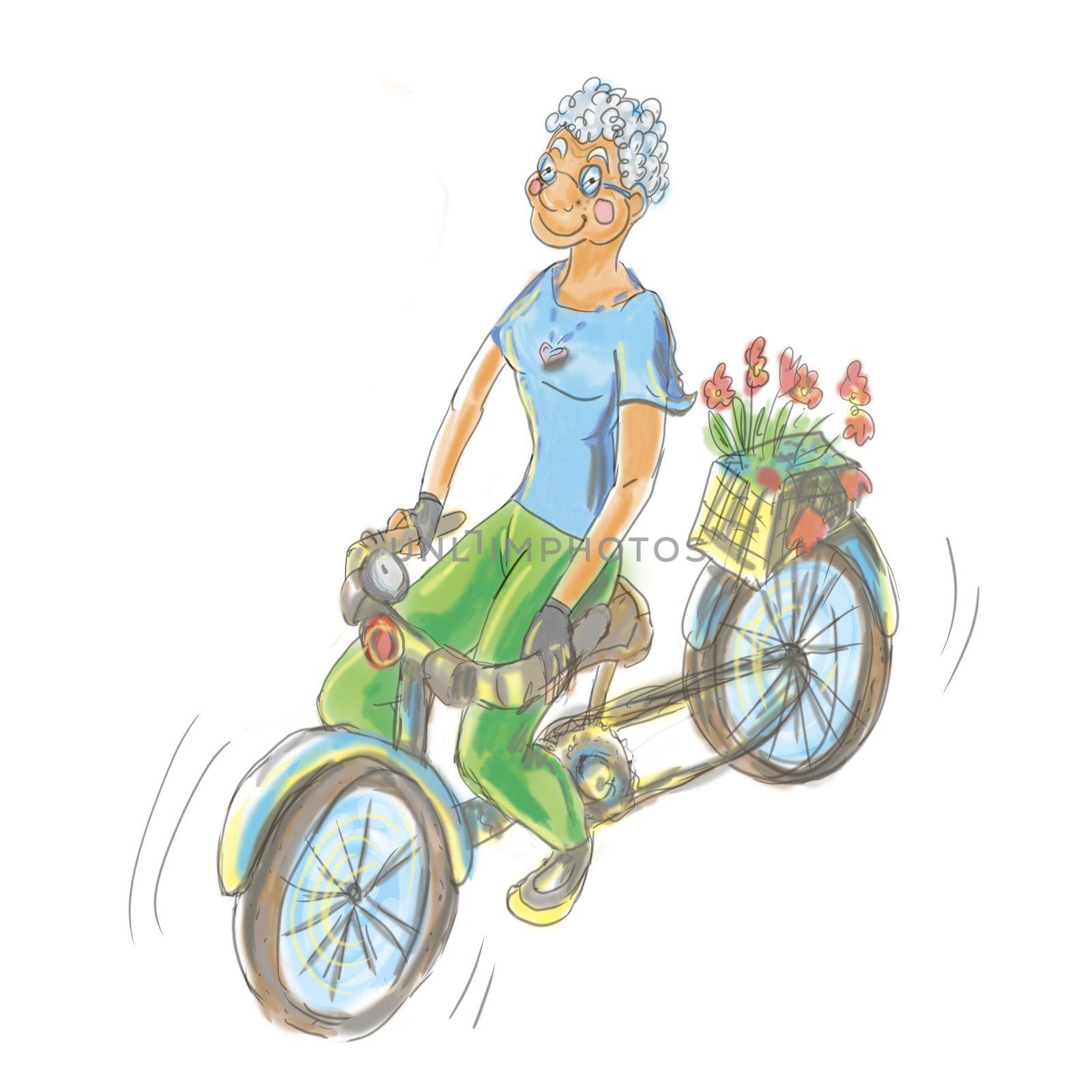 Old lady riding a bicycle. Digital illustration. by tenny_rosehip