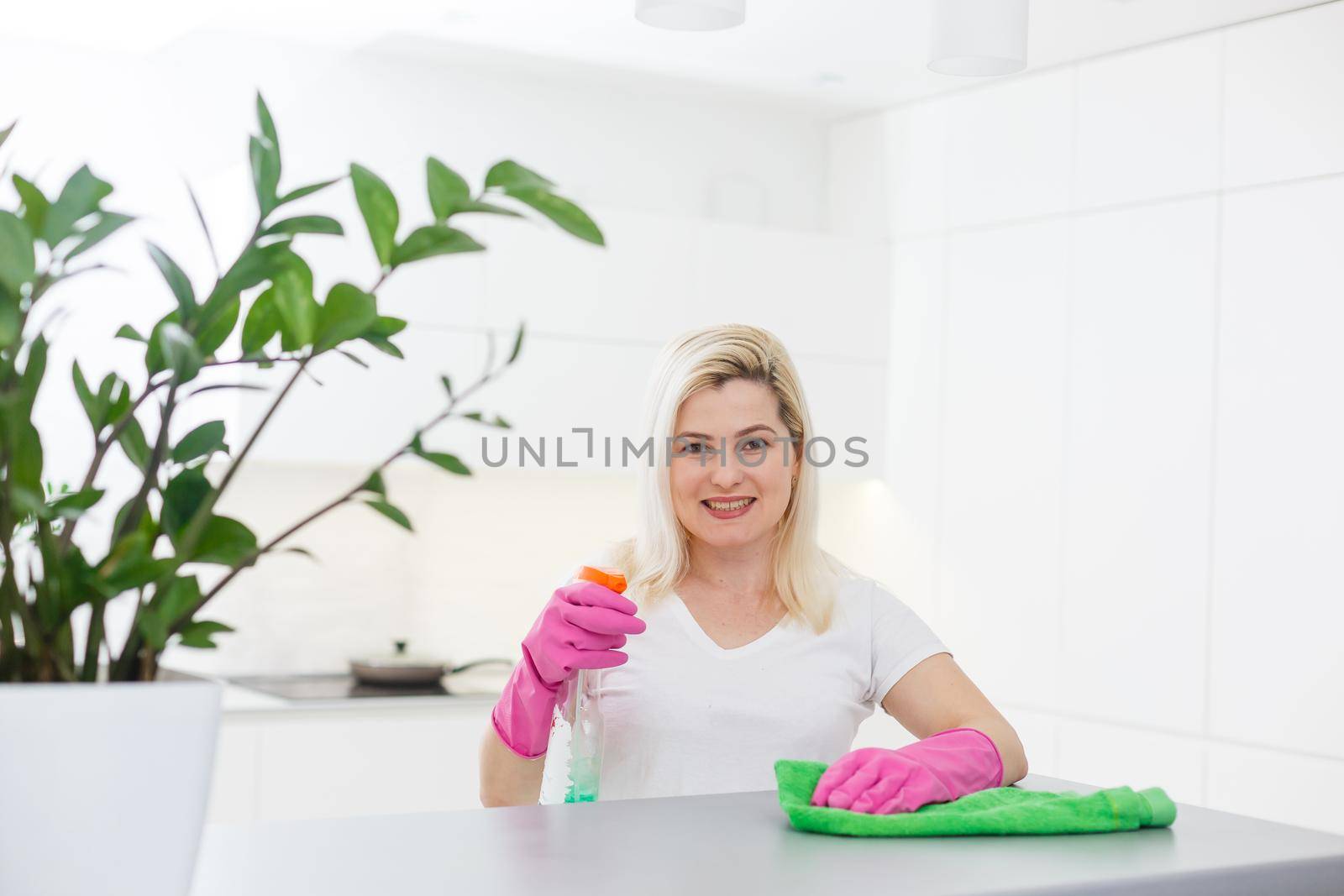 Cleanness is in trend. Pretty smiling woman wiping table with cloth and special means of washing by Andelov13